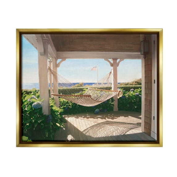 Stupell Industries Tranquil Hammock Warm Sunlit Porch Rural Garden Painting Metallic Gold Floating Framed Canvas Print Wall Art, Design by Tom Mielko