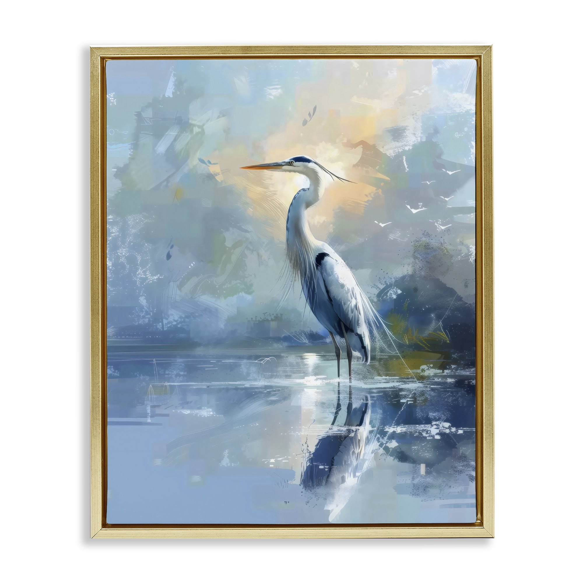Stupell Industries Tranquil Heron with Dawn Glow Gold Framed Floater Canvas Wall Art, design by Creative Studio