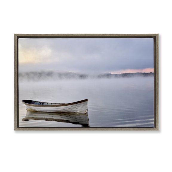 Stupell Industries Tranquil Lake Canoe Brown Framed Floater Canvas Wall Art design by Michael Iacobellis, 21 x 31