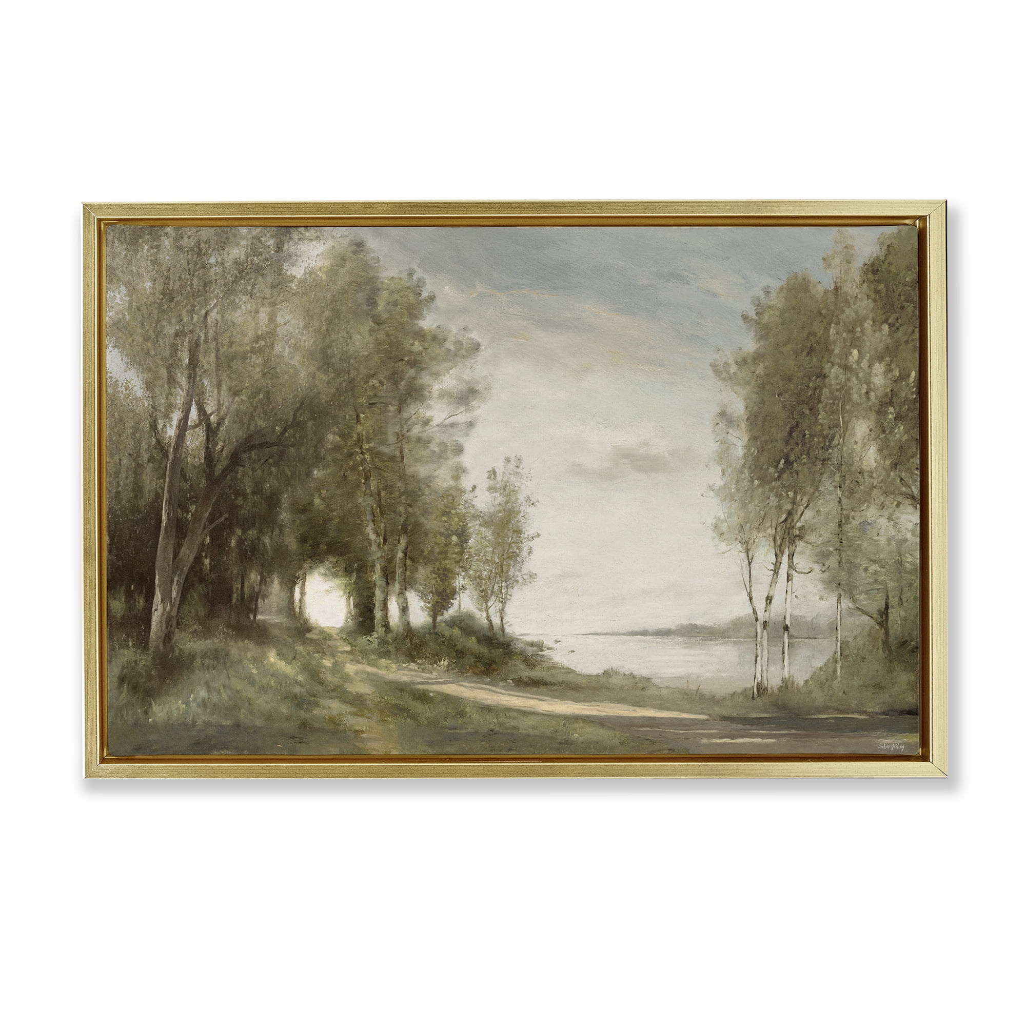 Stupell Industries Tranquil Lakeside Path Gold Framed Floater Canvas Wall Art, design by Amber Sterling