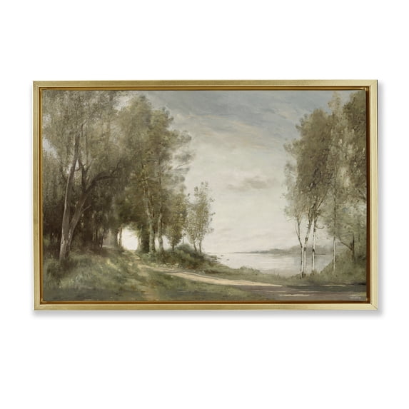 Stupell Industries Rustic Lodge Tranquil Lakeside Path Gold Floating Frame Canvas Art, 25 x 17, by Amber Sterling