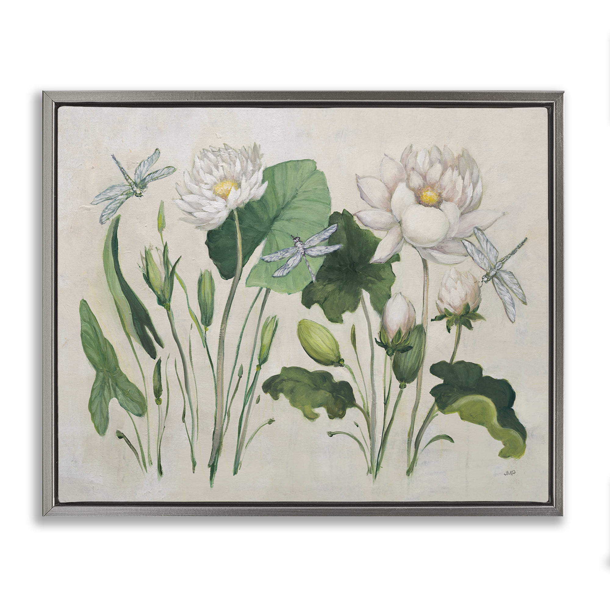 Stupell Industries Tranquil Lilies Vintage Plants & Flowers Painting Gray Floater Framed Canvas Art Print Wall Art, 31 x 25
