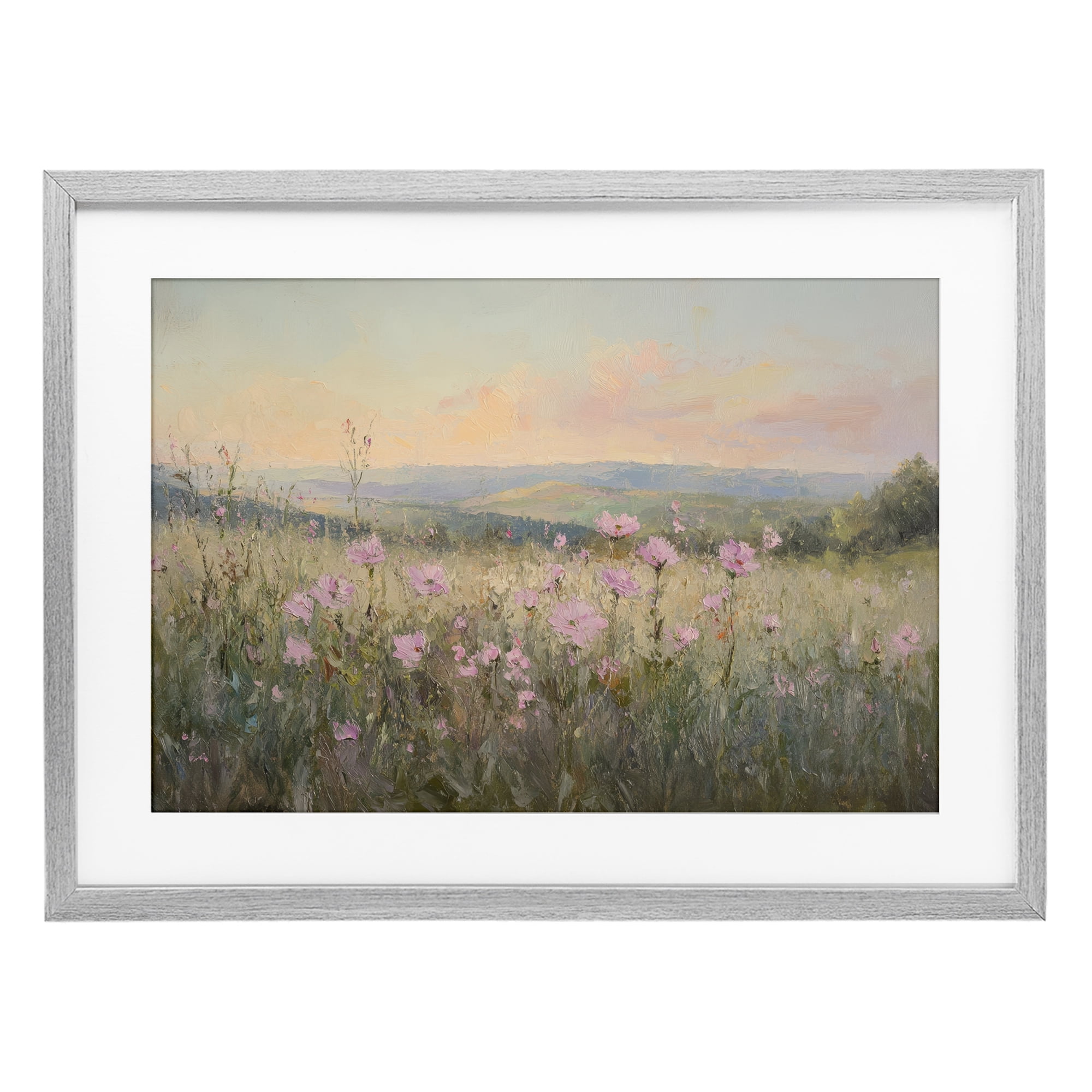 Stupell Industries Tranquil Meadow At Dawn Gray Framed Print Under Glass, design by Petal Prints Design