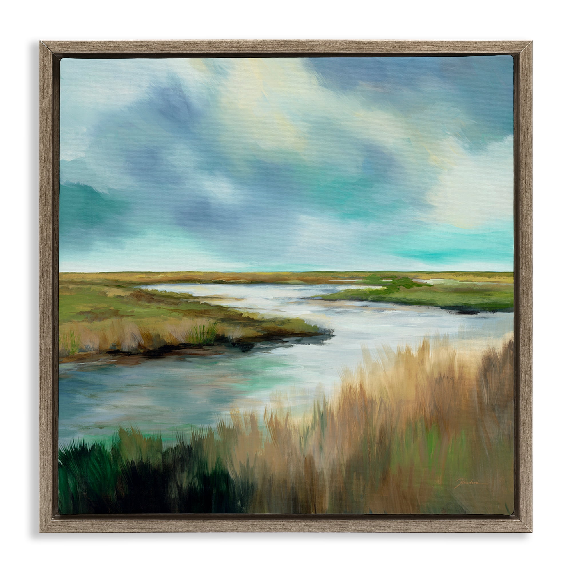 Stupell Industries Tranquil Meadow and Wetlands Brown Framed Floater Canvas Wall Art, design by Liz Jardine