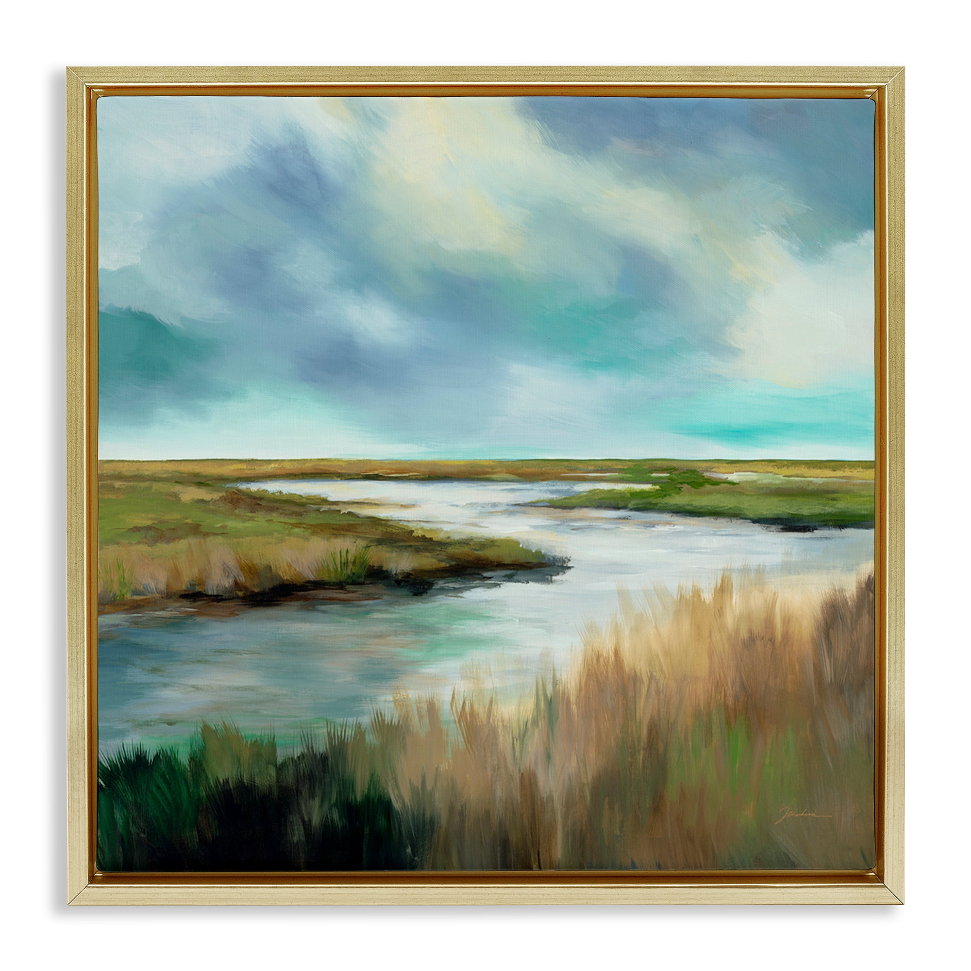Stupell Industries Tranquil Meadow and Wetlands Gold Framed Floater Canvas Wall Art, design by Liz Jardine