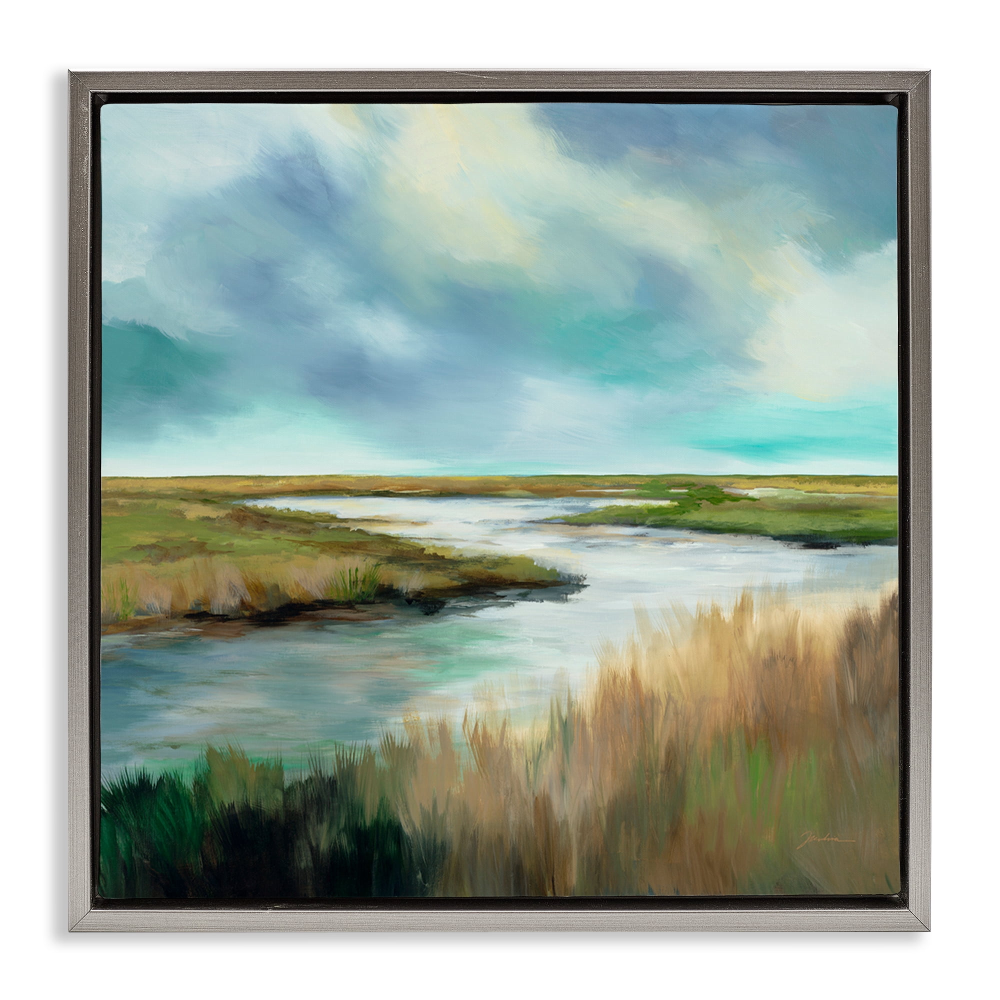 Stupell Industries Tranquil Meadow and Wetlands Gray Framed Floater Canvas Wall Art, design by Liz Jardine
