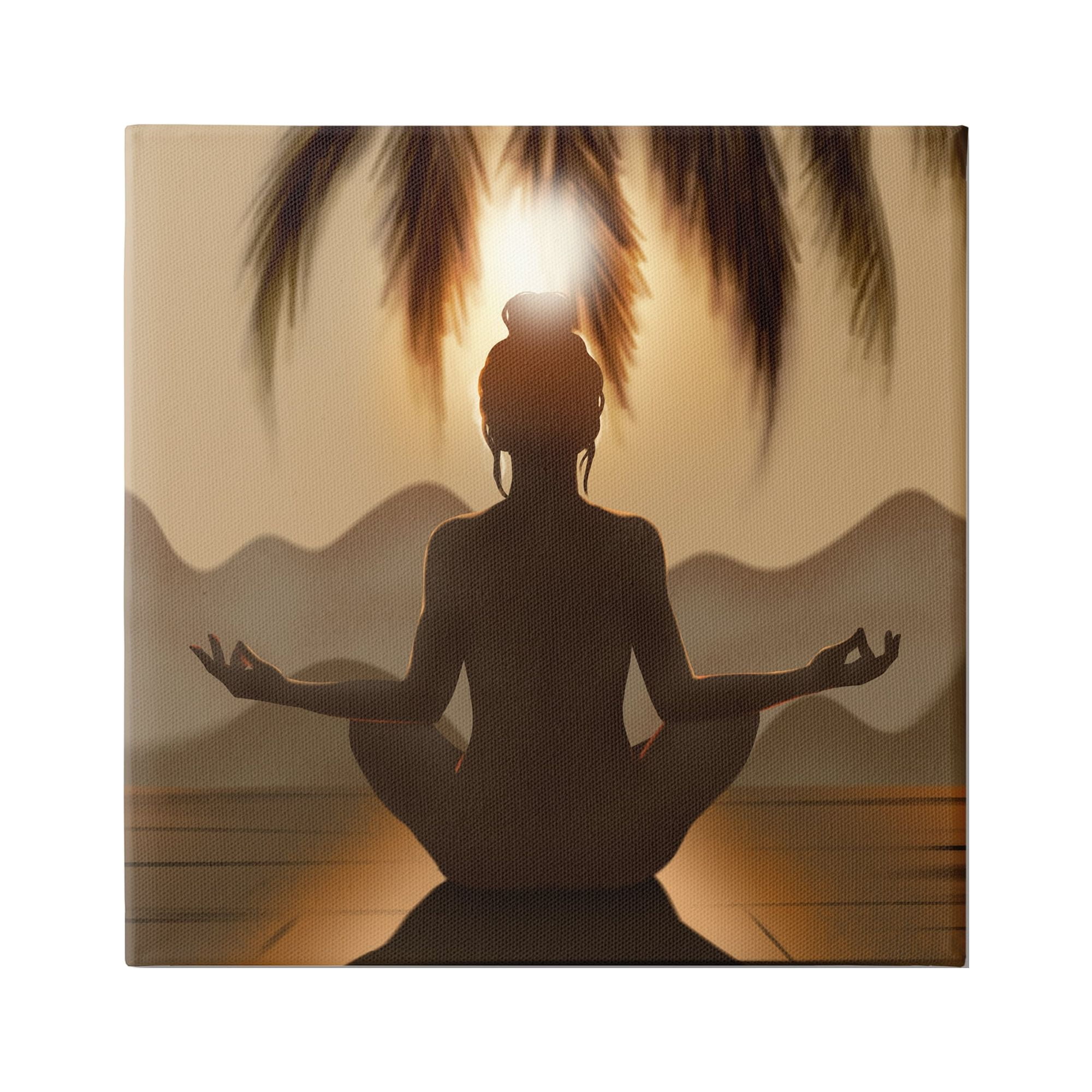 Tranquil Meditation Sunlit Woman Silhouette Mountain Scenery Canvas Print