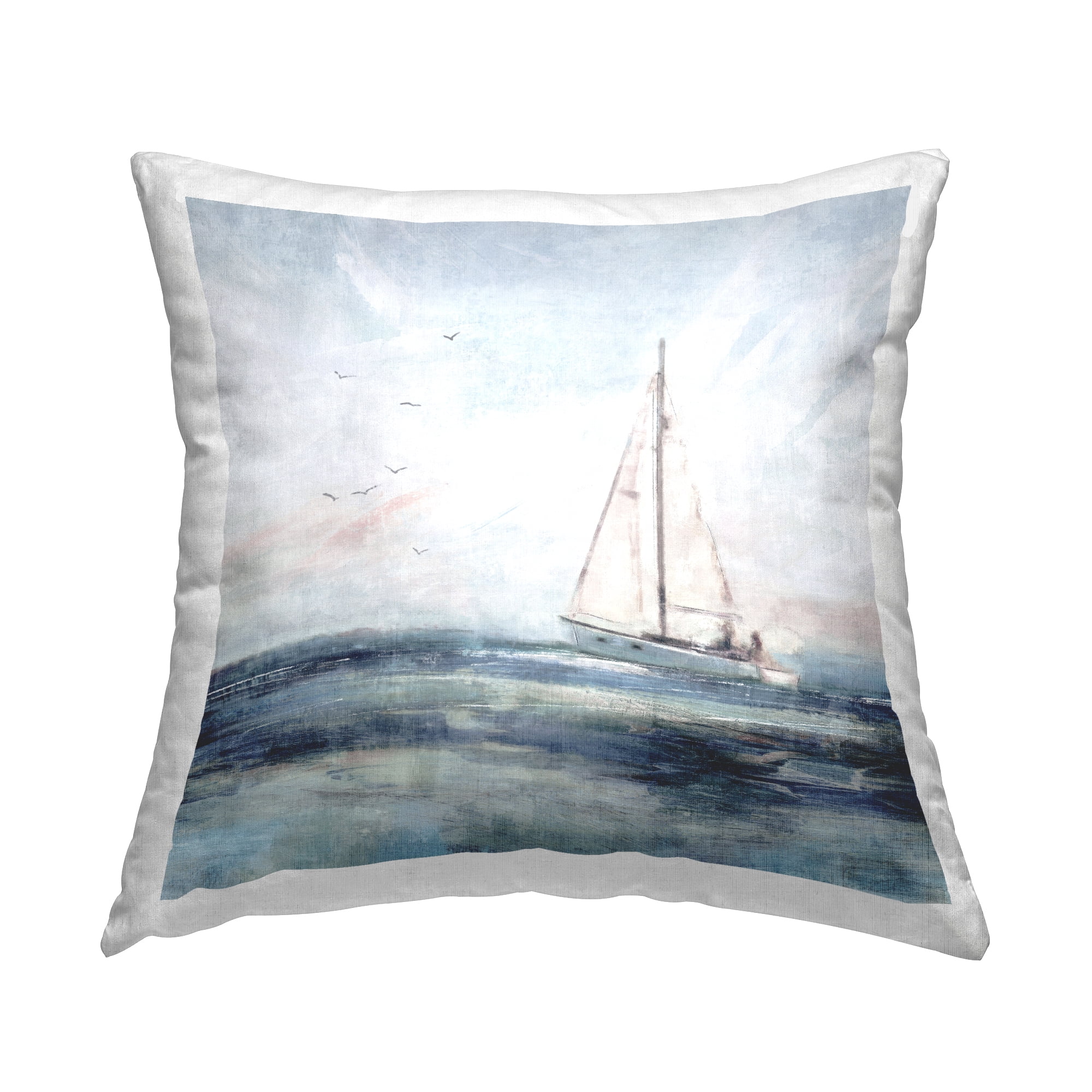 Tranquil Ocean Scene Blue and White Cotton Throw Pillow