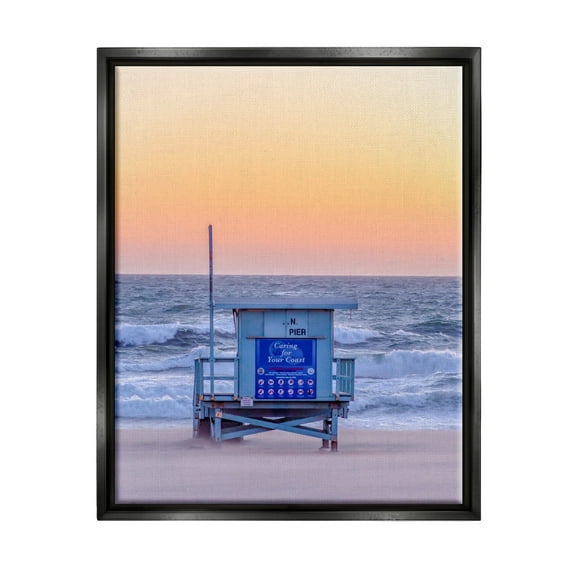Stupell Industries Tranquil Orange Sunset Beach Hut Ocean Shore Photograph Jet Black Floating Framed Canvas Print Wall Art, Design by Jeff Poe