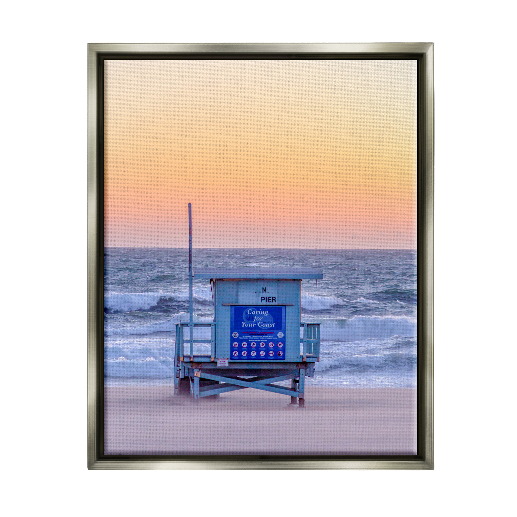 Stupell Industries Tranquil Orange Sunset Beach Hut Ocean Shore Photograph Luster Gray Floating Framed Canvas Print Wall Art, Design by Jeff Poe