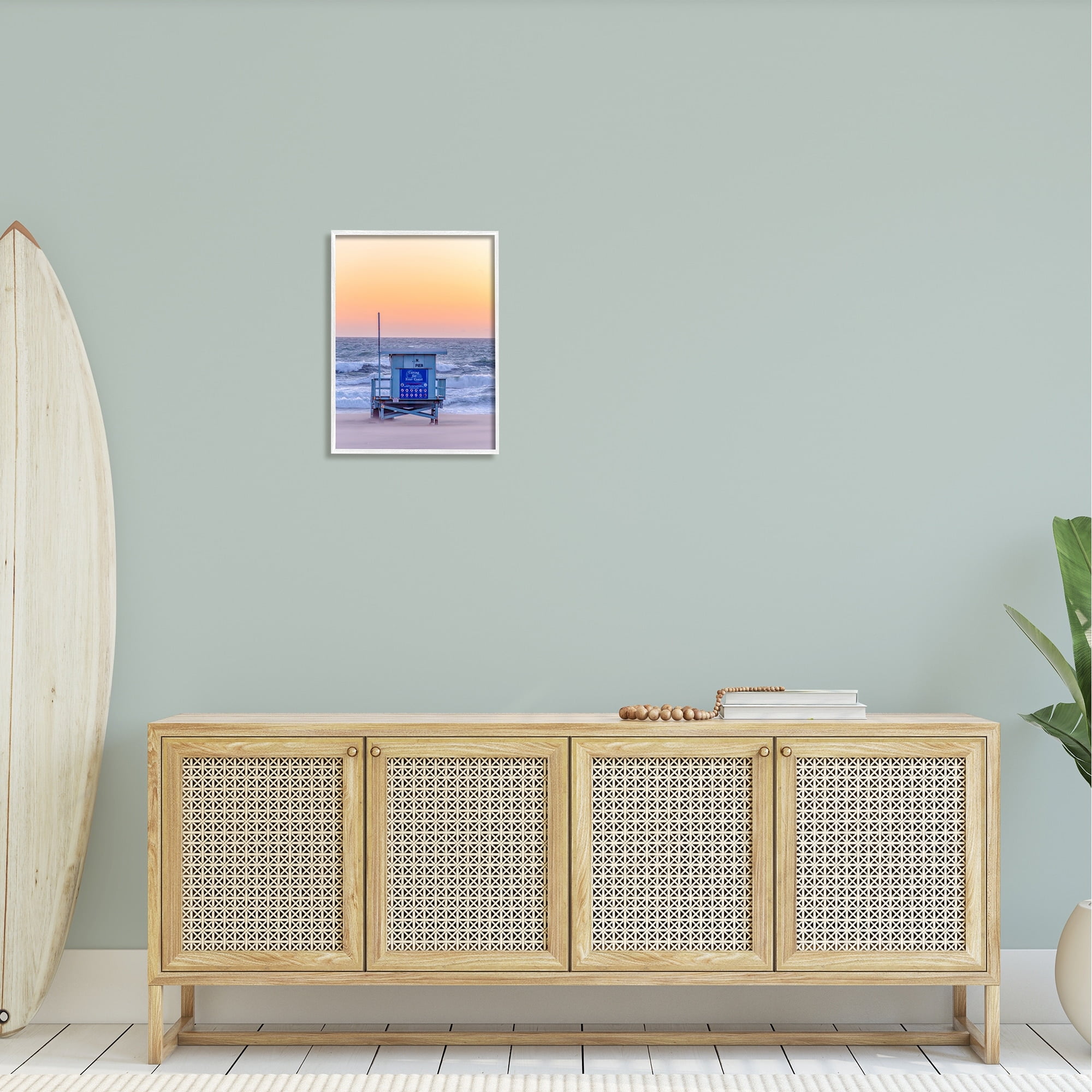 Stupell Industries Tranquil Orange Sunset Beach Hut Ocean Shore Photograph White Framed Art Print Wall Art, Design by Jeff Poe