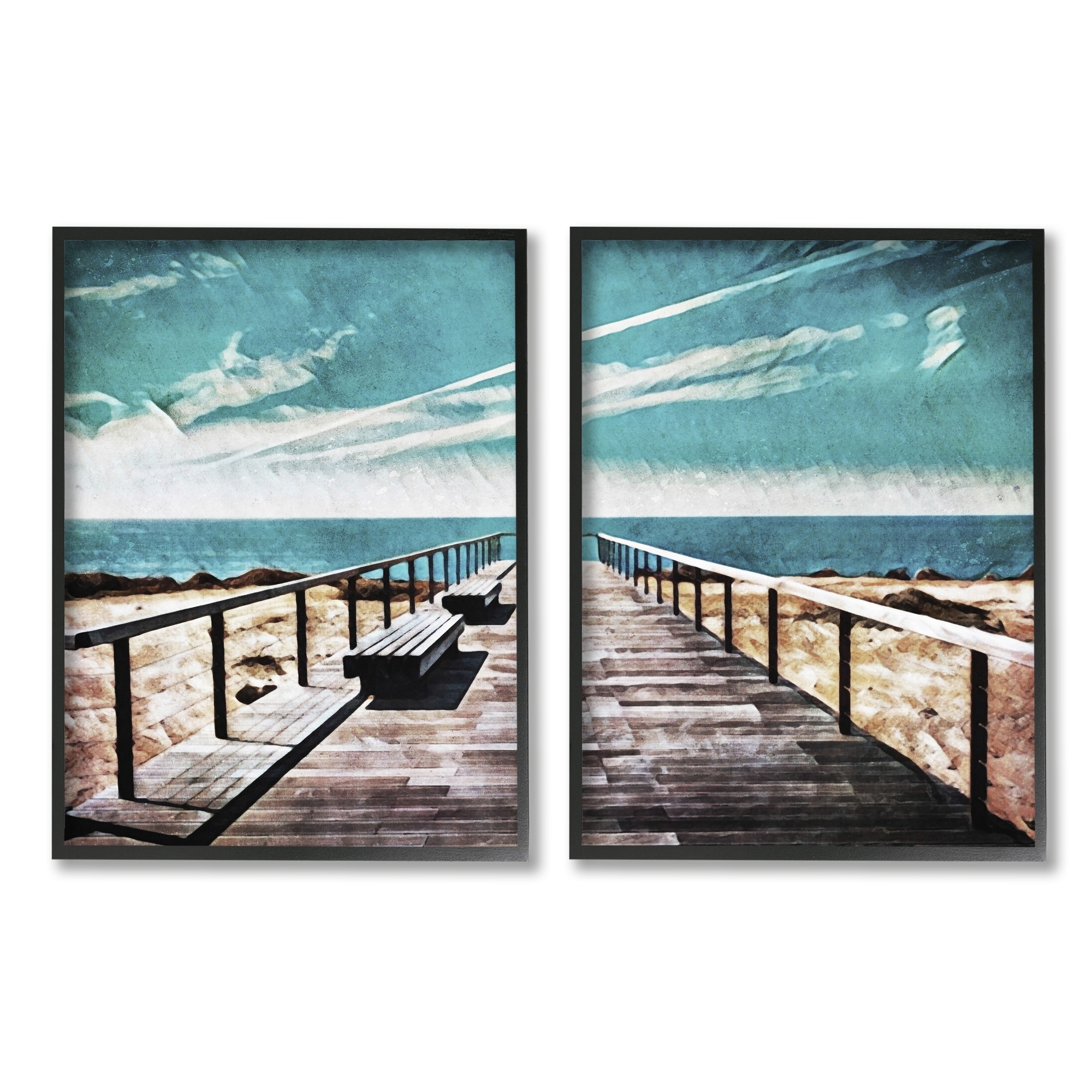 Stupell Industries Tranquil Pier Dock Beach Clear Blue Sky Illustration Paintings Black Framed Art Print Wall Art Set of 2, 24x30, by Ashley Aldridge