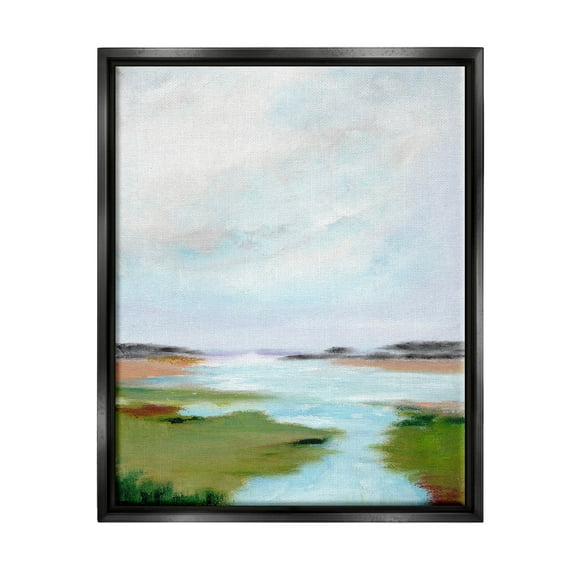Stupell Industries Tranquil River Soft Dreamy Clouds Painting Jet Black Floating Framed Canvas Print Wall Art, Design by Nikita Jariwala