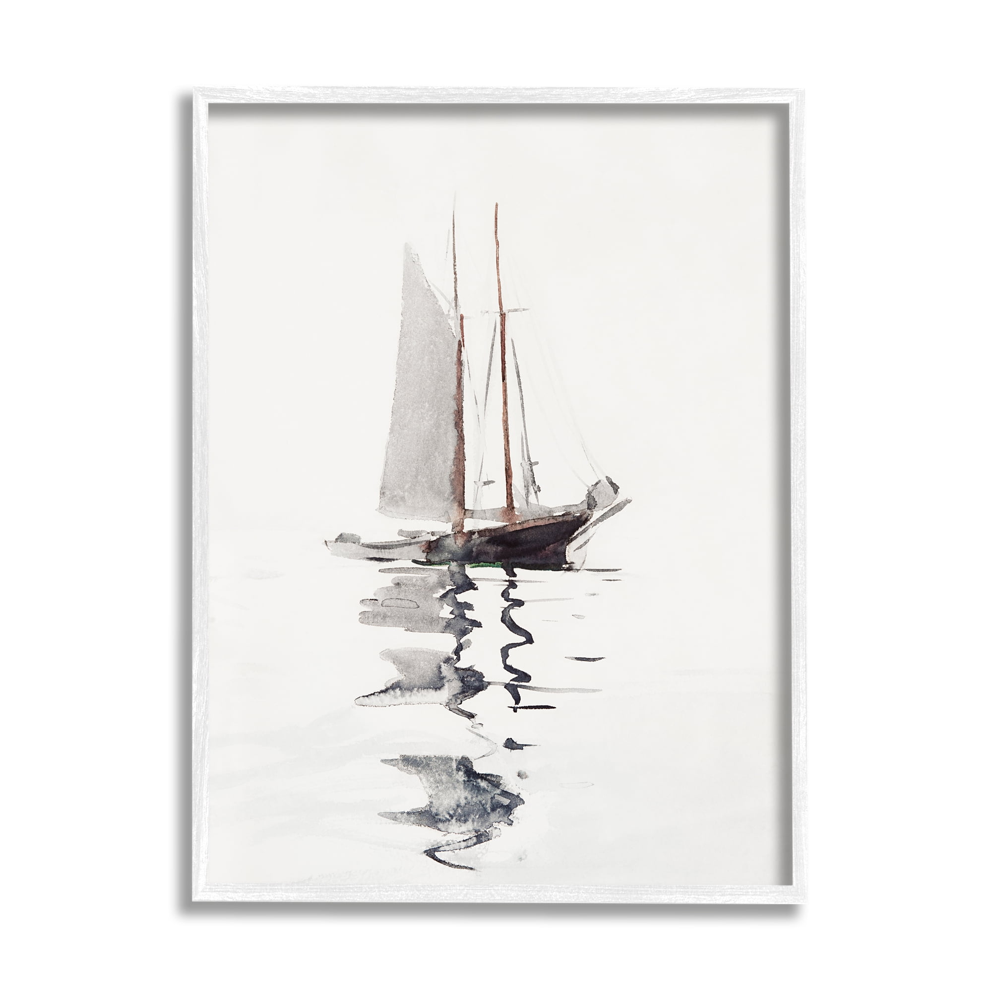 Stupell Industries Tranquil Sailboat Vessel Floating Lone Ocean Reflection Painting White Framed Art Print Wall Art, Design by Lettered and Lined