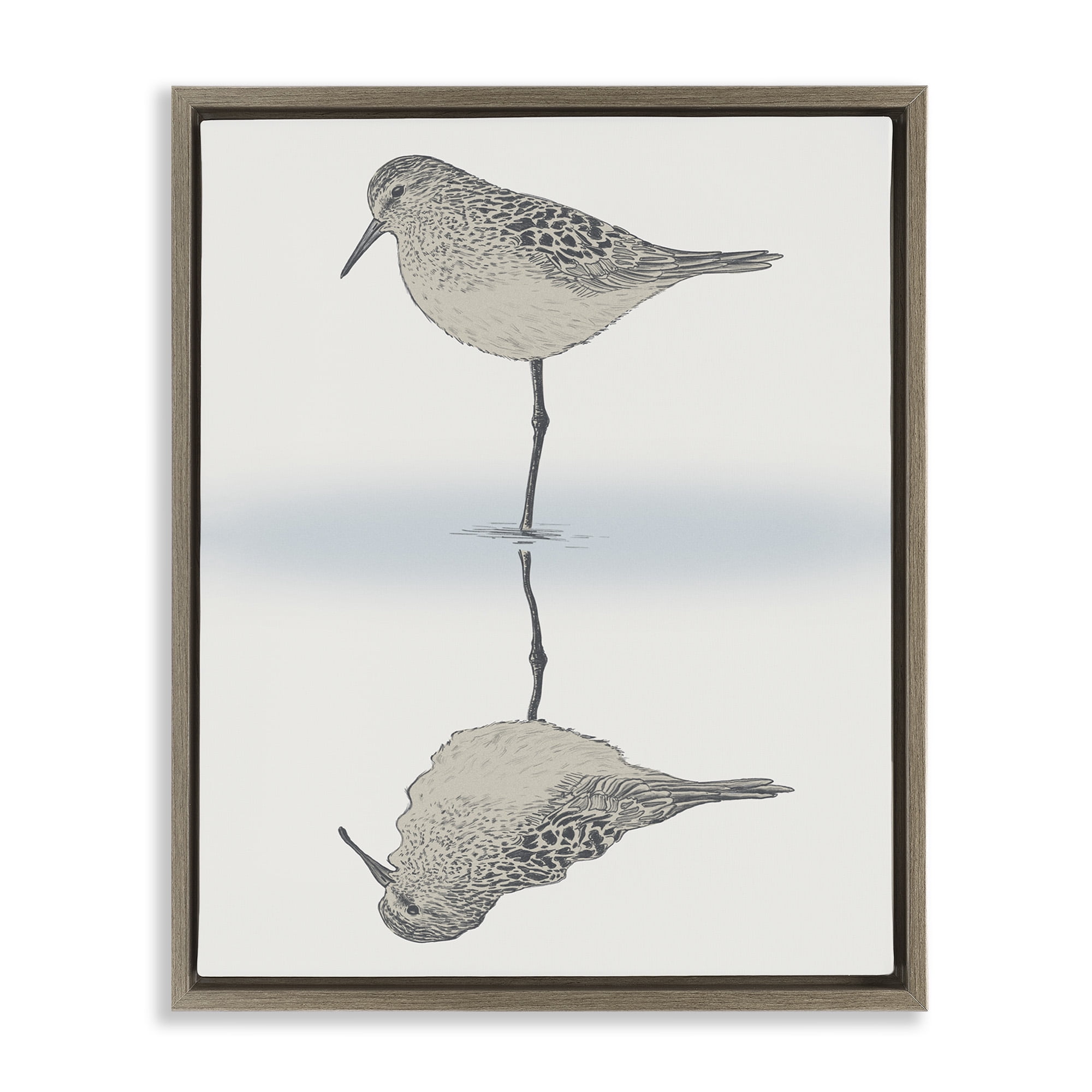 Stupell Industries Tranquil Sandpiper Bird Reflection Animals & Insects Painting Brown Floater Framed Canvas Art Print Wall Art, 25 x 31