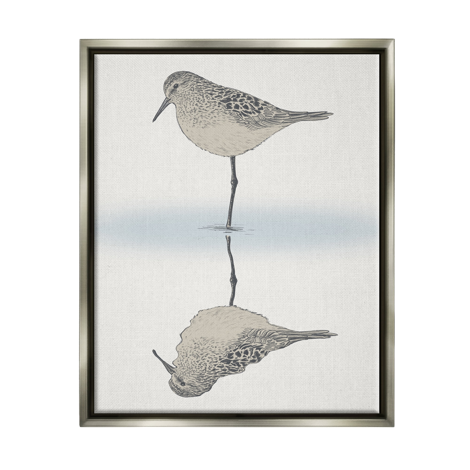 Stupell Industries Tranquil Sandpiper Bird Reflection Shallow Beach Shoreline Graphic Art Luster Gray Floating Framed Canvas Print Wall Art, Design by Ziwei Li