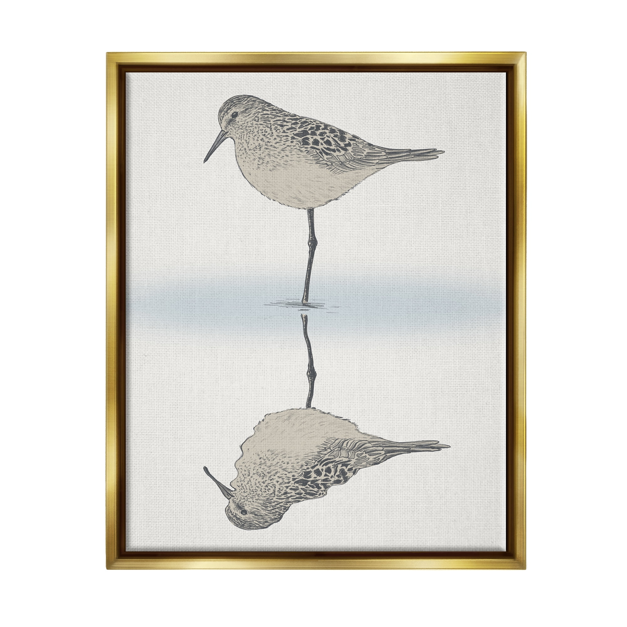 Stupell Industries Tranquil Sandpiper Bird Reflection Shallow Beach Shoreline Graphic Art Metallic Gold Floating Framed Canvas Print Wall Art, Design by Ziwei Li