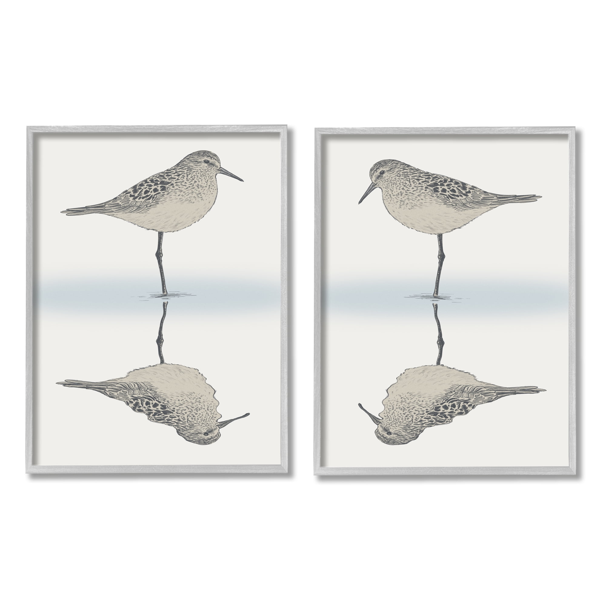 Stupell Industries Tranquil Sandpiper Reflection Nautical Bird Beach Shore Graphic Art Gray Framed Art Print Wall Art, Set of 2, Design by Ziwei Li