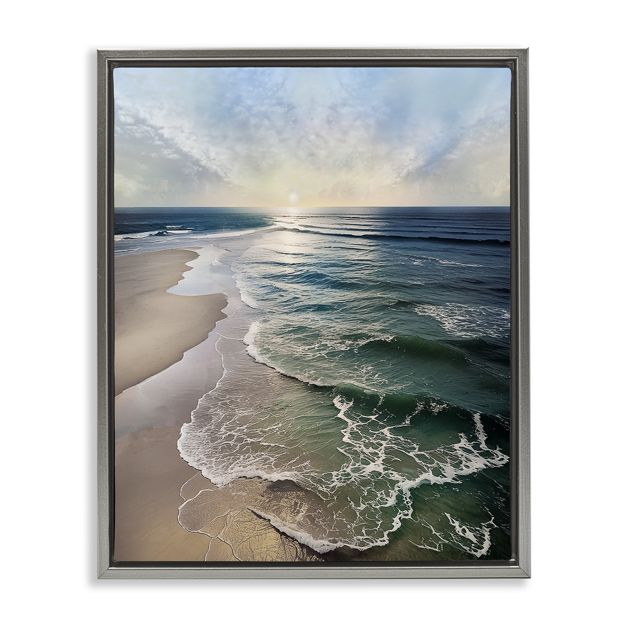 Stupell Industries Tranquil Shoreline with Soft Light Gray Framed Floater Canvas Wall Art, design by Mike Calascibetta