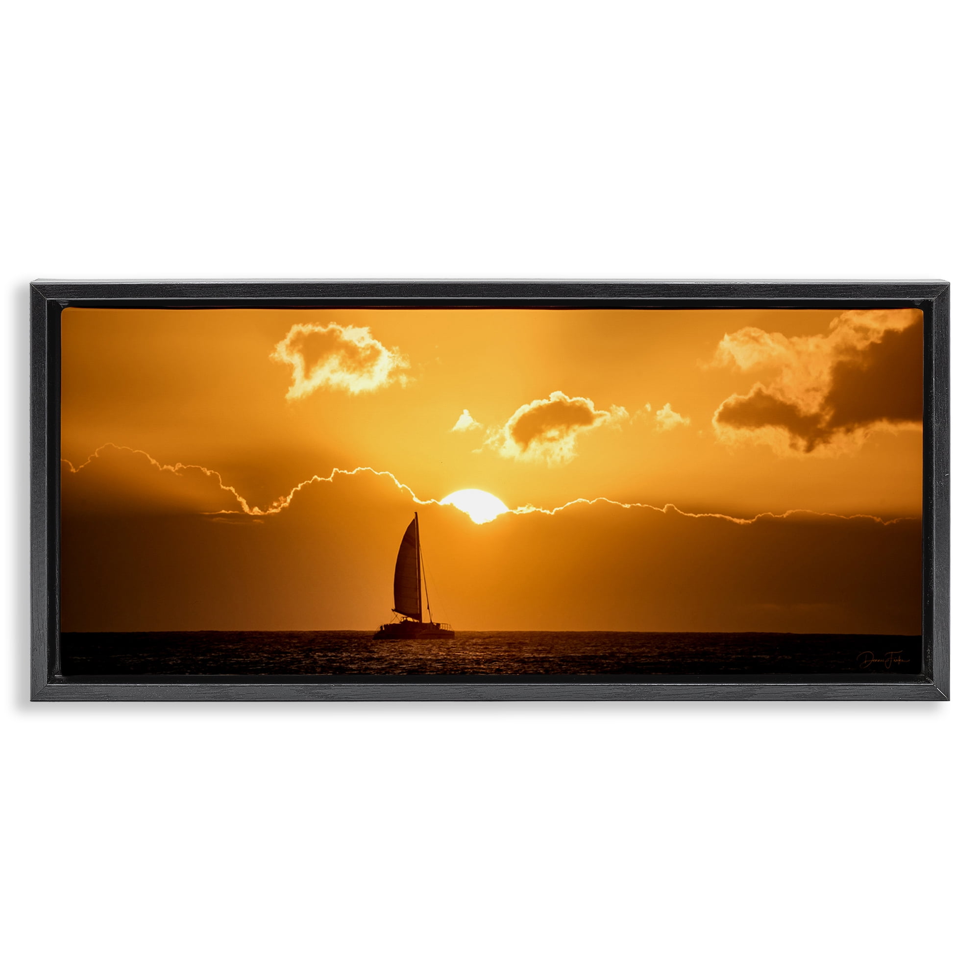 Stupell Industries Tranquil Sunset Sailboat Transportation Photography Black Floater Framed Canvas Art Print Wall Art, 31 x 14