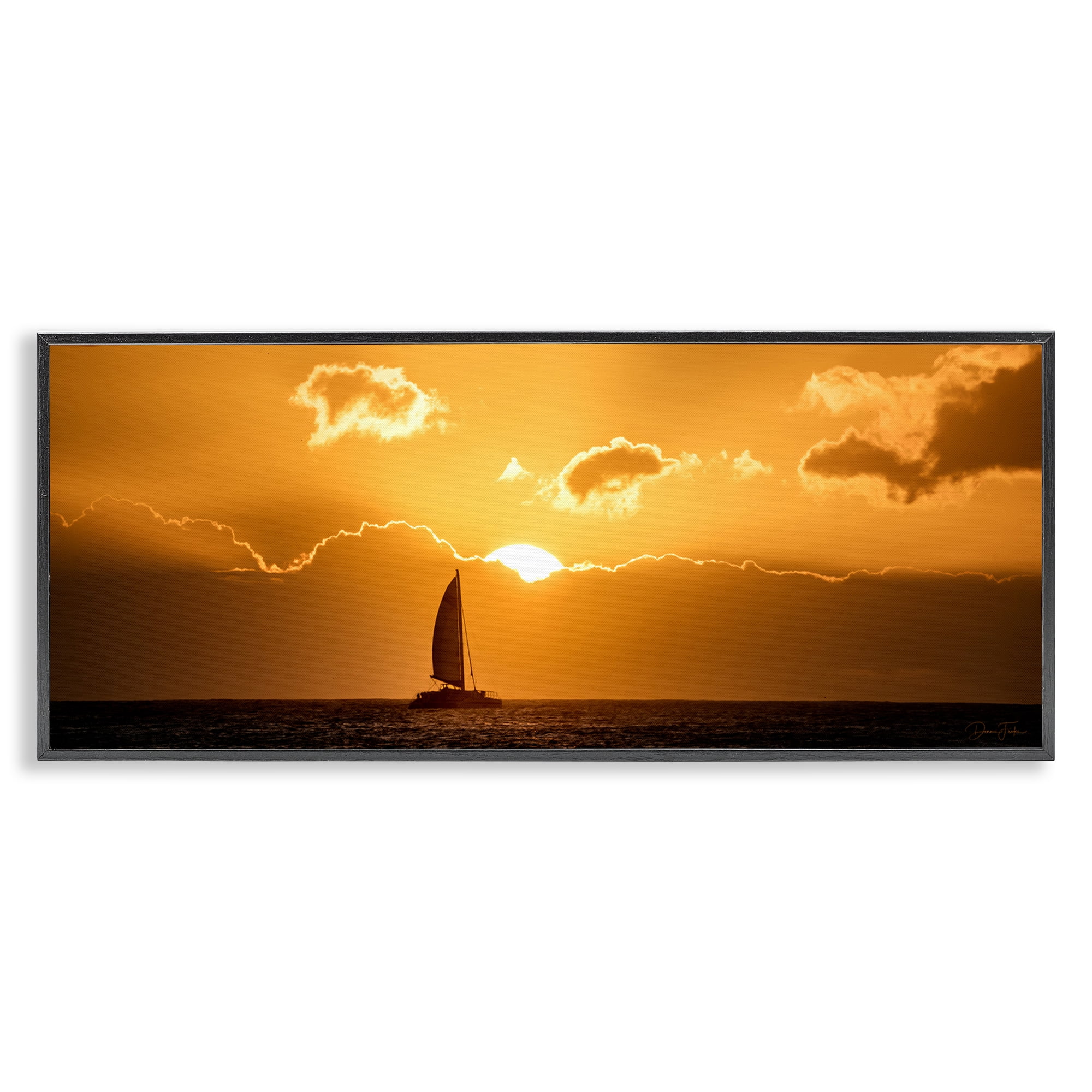 Stupell Industries Tranquil Sunset Sailboat Transportation Photography Black Framed Art Print Wall Art, 30 x 13