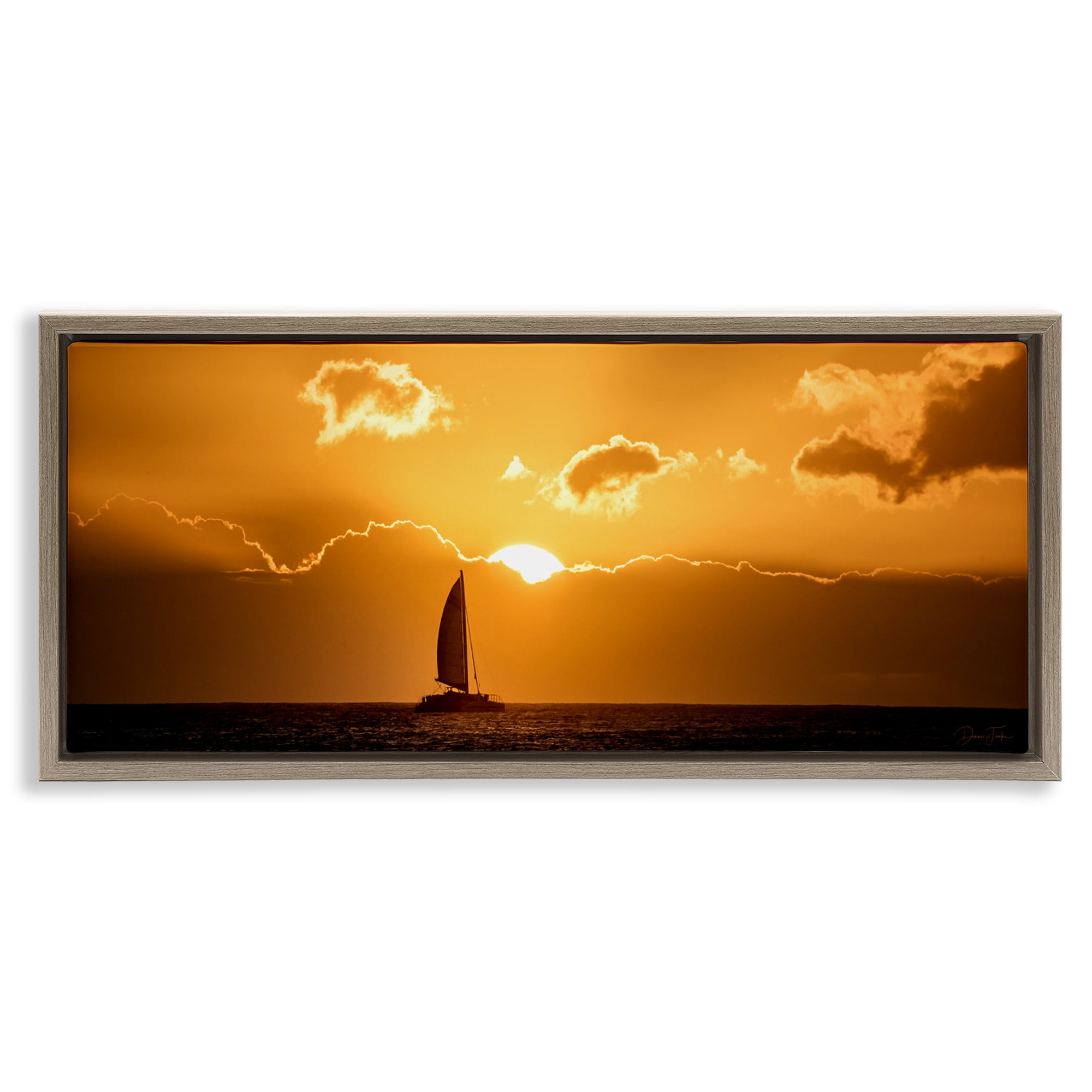 Stupell Industries Tranquil Sunset Sailboat Transportation Photography Brown Floater Framed Canvas Art Print Wall Art, 31 x 14