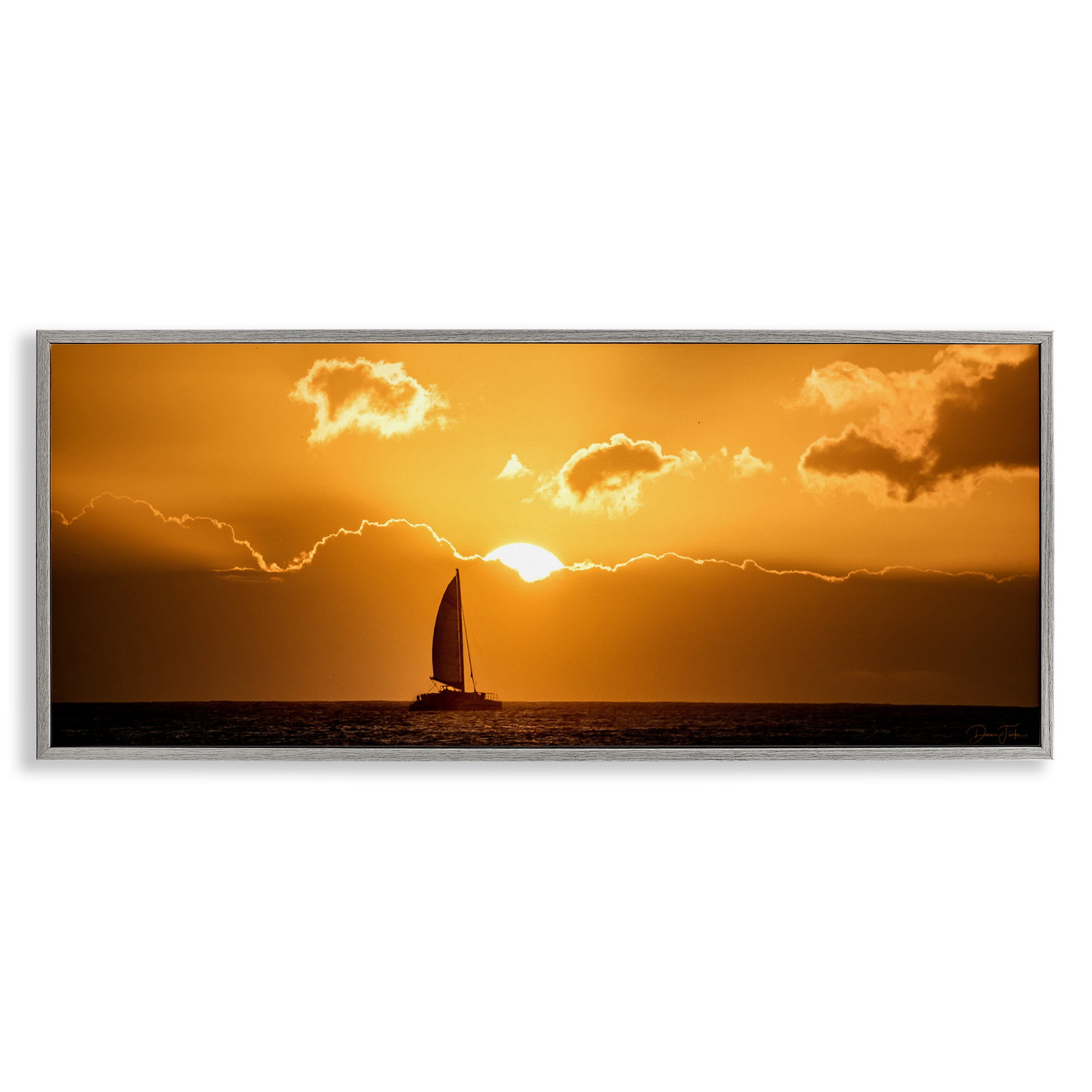 Stupell Industries Tranquil Sunset Sailboat Transportation Photography Gray Framed Art Print Wall Art, 24 x 10