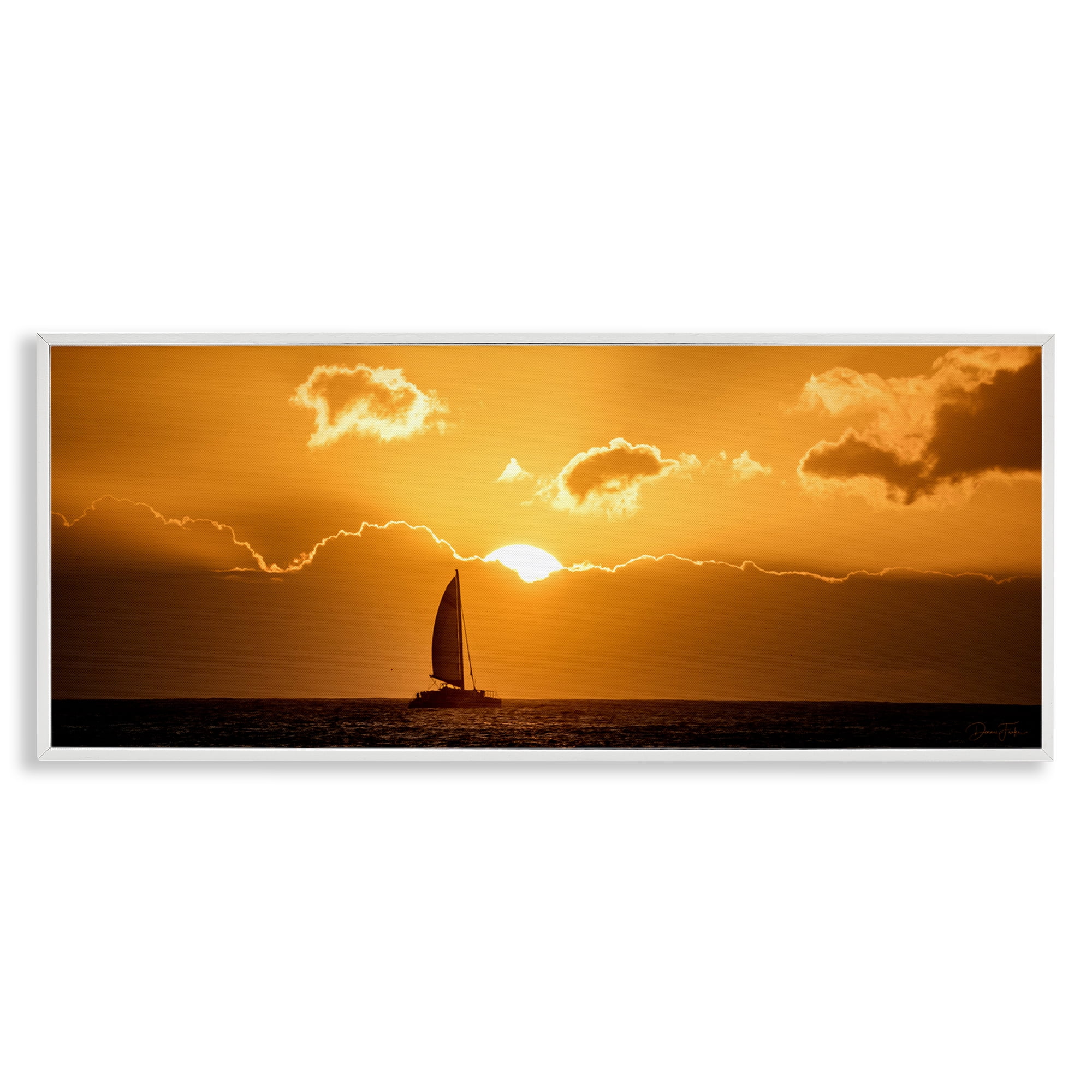 Stupell Industries Tranquil Sunset Sailboat Transportation Photography White Framed Art Print Wall Art, 24 x 10