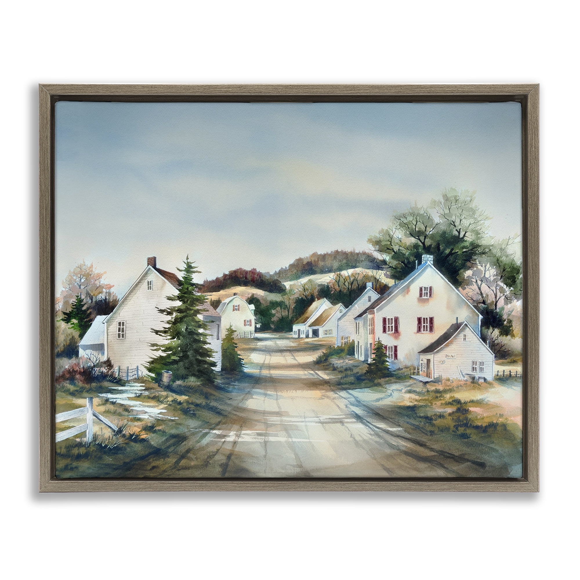 Stupell Industries Tranquil Village Road & Houses Brown Framed Floater Canvas Wall Art, design by Owen Wexler