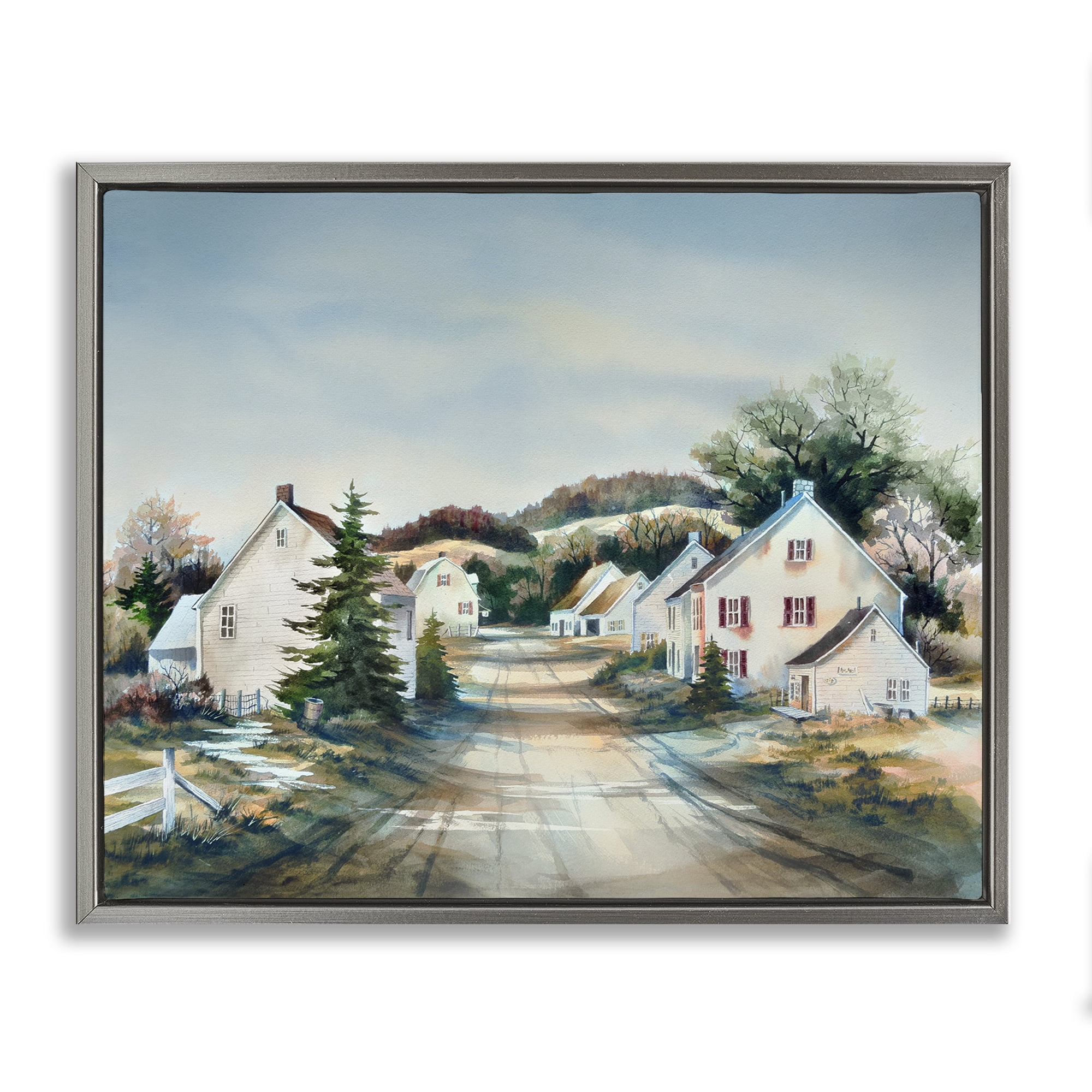Stupell Industries Tranquil Village Road & Houses Gray Framed Floater Canvas Wall Art, design by Owen Wexler
