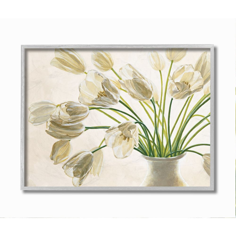 Stupell Industries Tranquil White Tulip Bouquet in Country Vase Botanical & Floral Painting Gray Framed Art Print Wall Art, 11 x 14