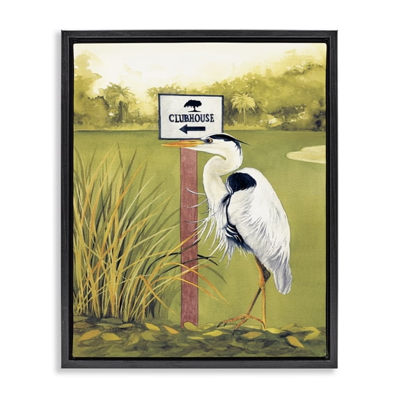 Stupell Industries Transitional Heron & Clubhouse Sign Black Floating Frame Canvas Art, 17 x 21, by Christine Reichow