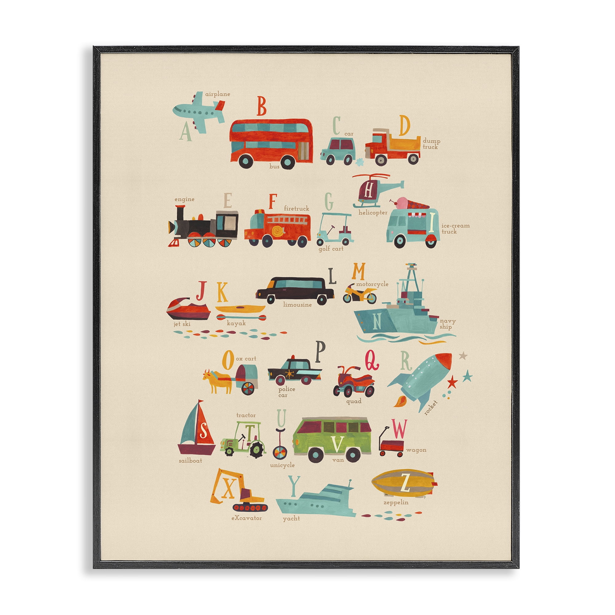 Stupell Industries Transportation AZ Alphabet Education Painting Black Framed Art Print Wall Art, 24 x 30