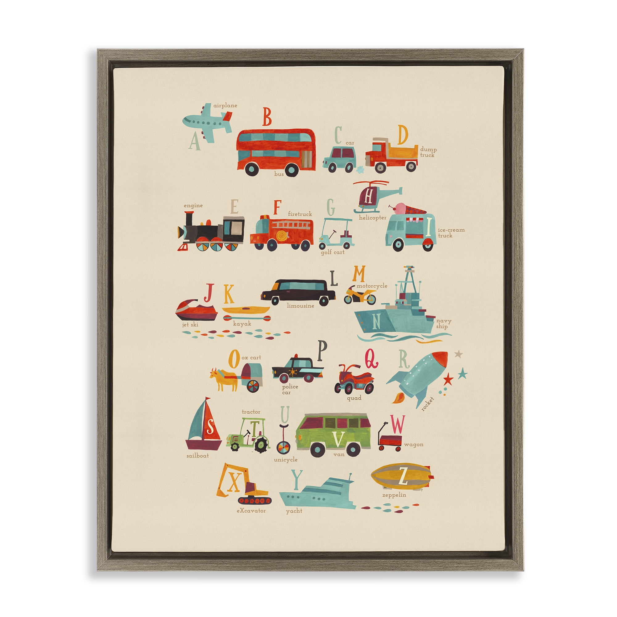 Stupell Industries Transportation AZ Alphabet Education Painting Brown Floater Framed Canvas Art Print Wall Art, 25 x 31