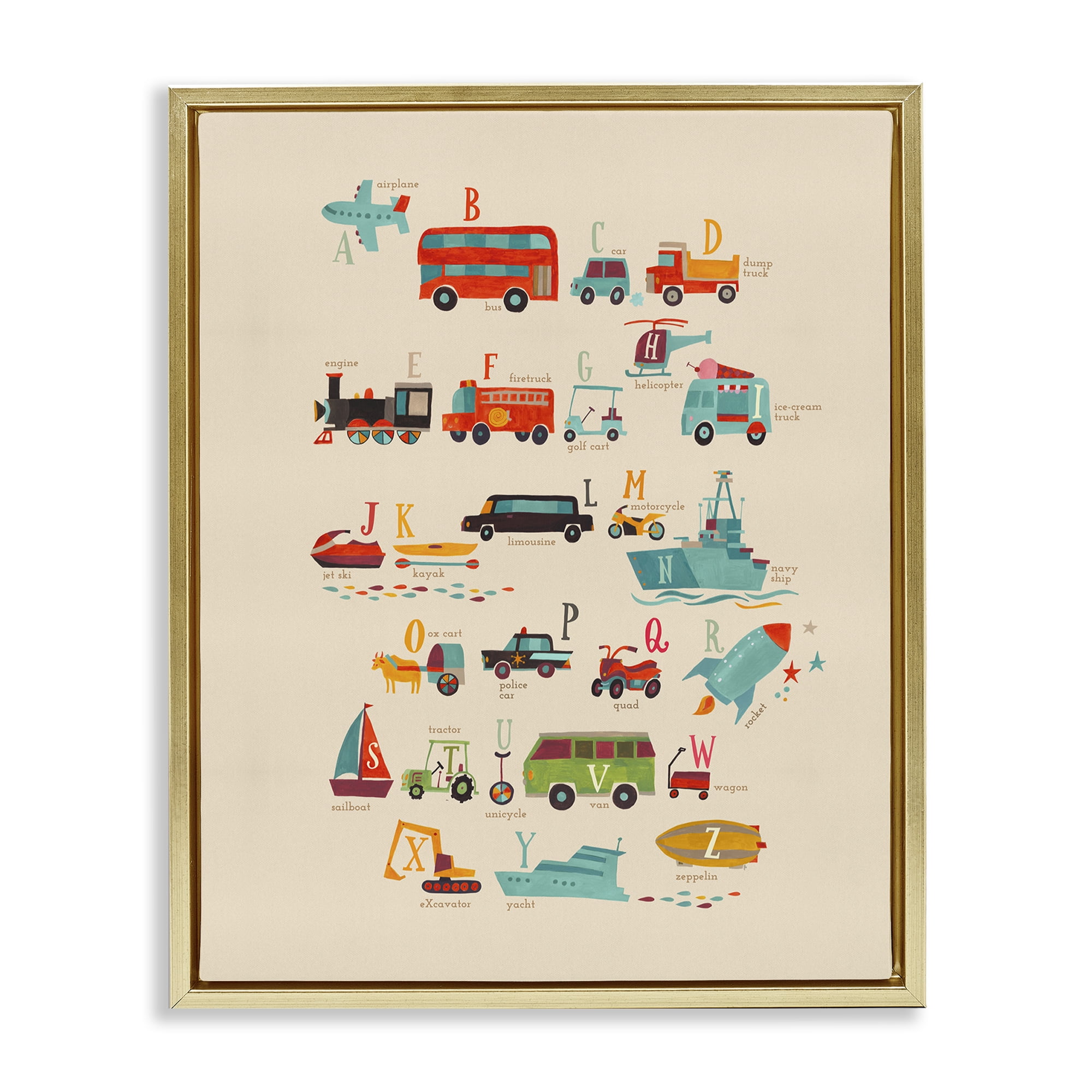 Stupell Industries Transportation AZ Alphabet Education Painting Gold Floater Framed Canvas Art Print Wall Art, 25 x 31