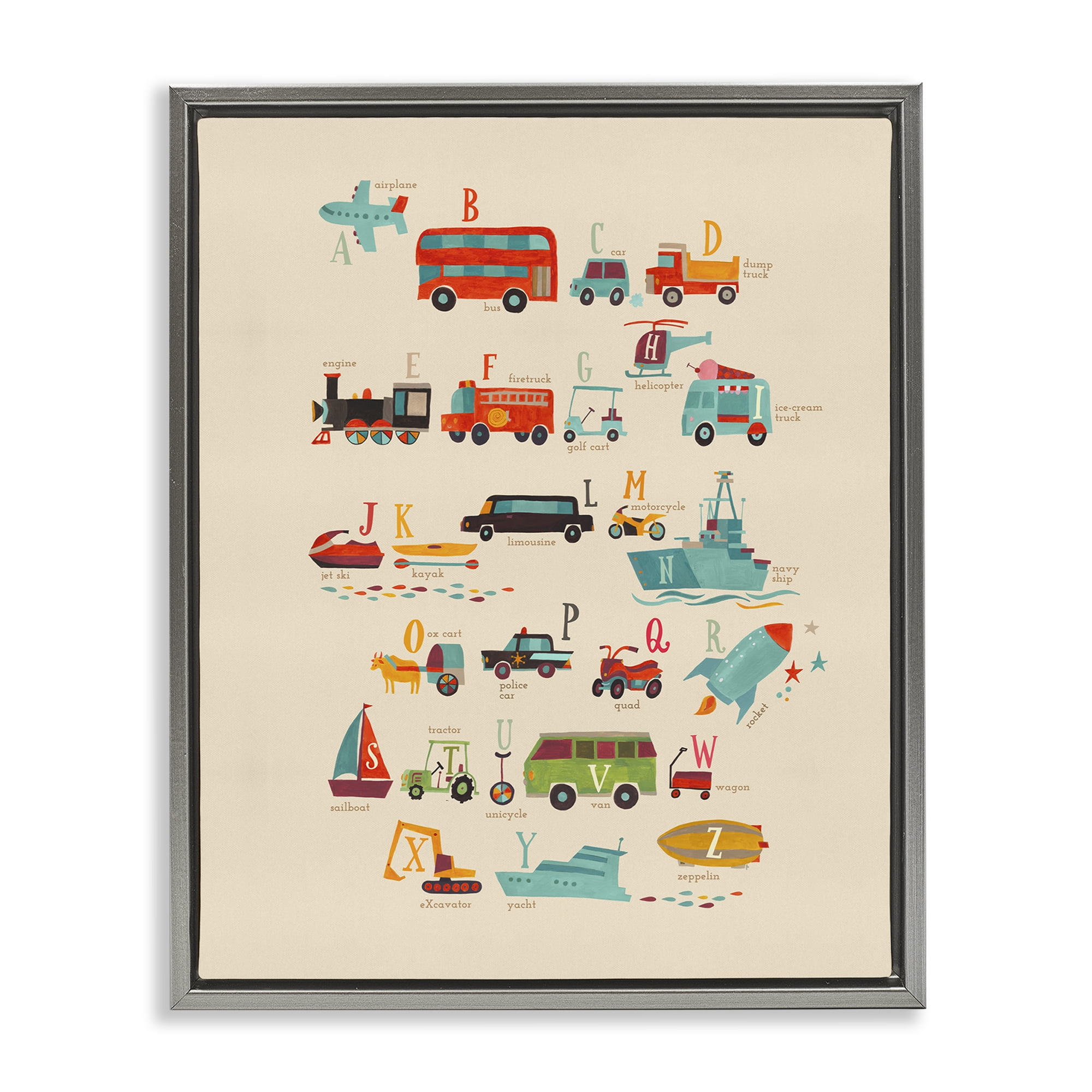 Stupell Industries Transportation AZ Alphabet Education Painting Gray Floater Framed Canvas Art Print Wall Art, 17 x 21