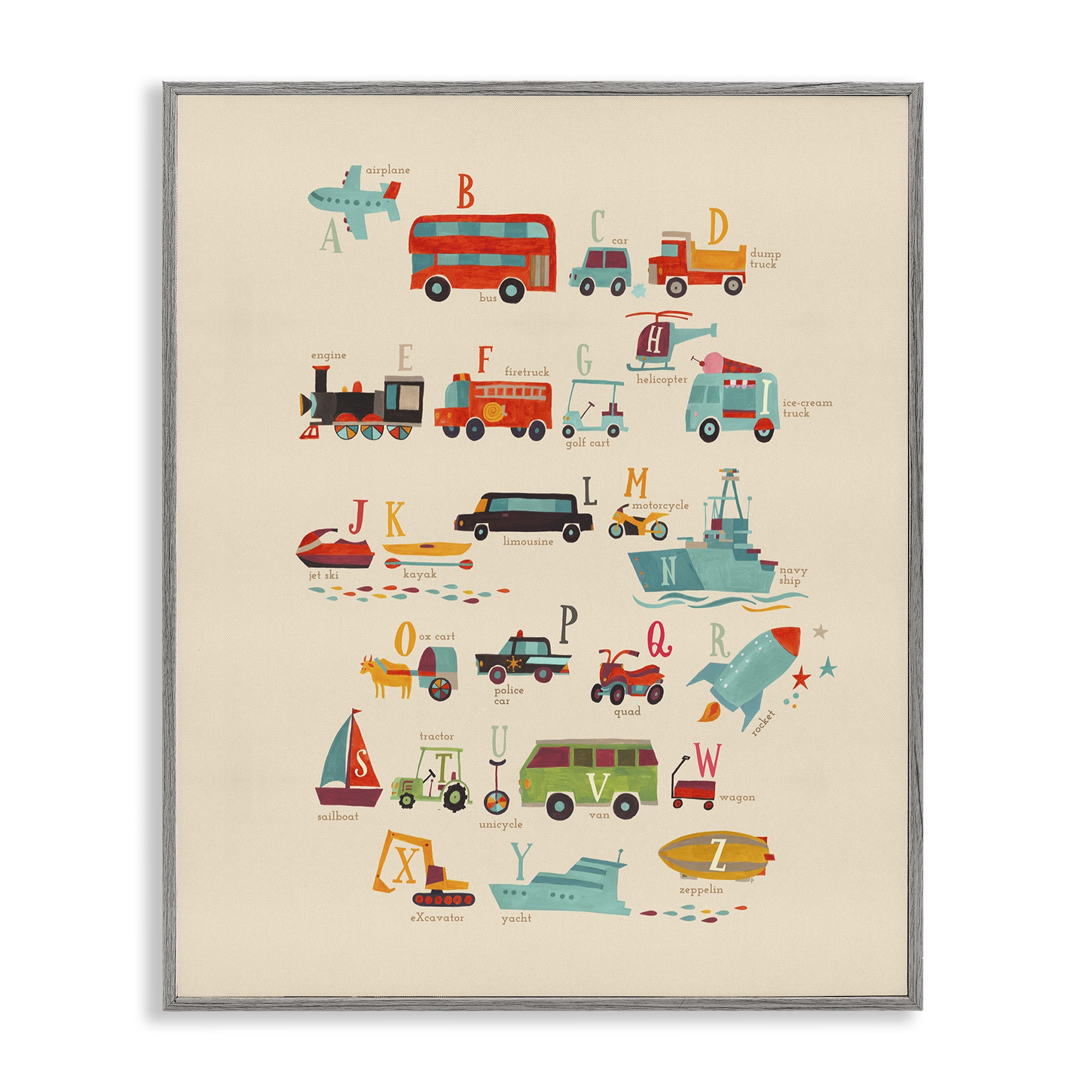 Stupell Industries Transportation AZ Alphabet Education Painting Gray Framed Art Print Wall Art, 16 x 20
