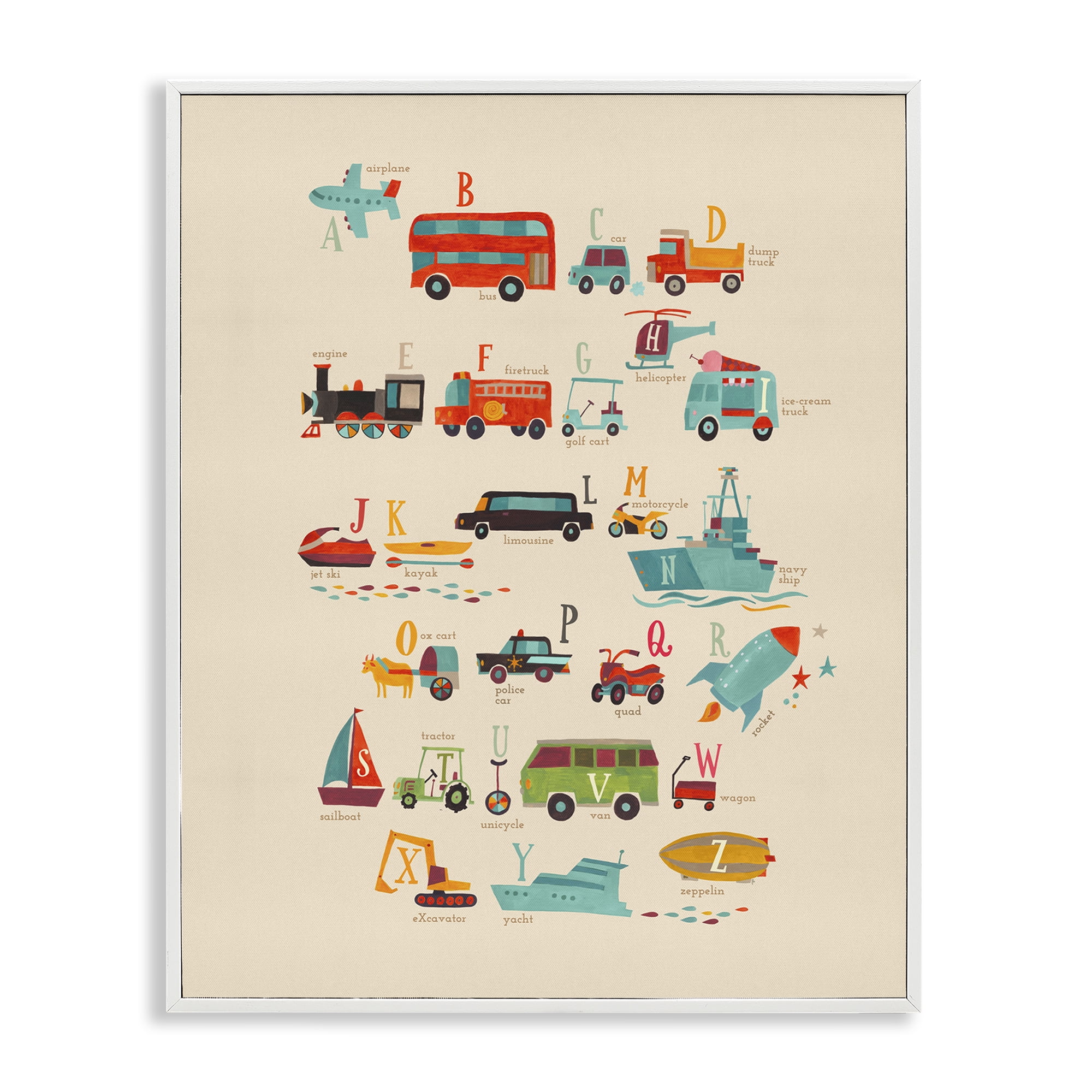 Stupell Industries Transportation AZ Alphabet Education Painting White Framed Art Print Wall Art, 11 x 14