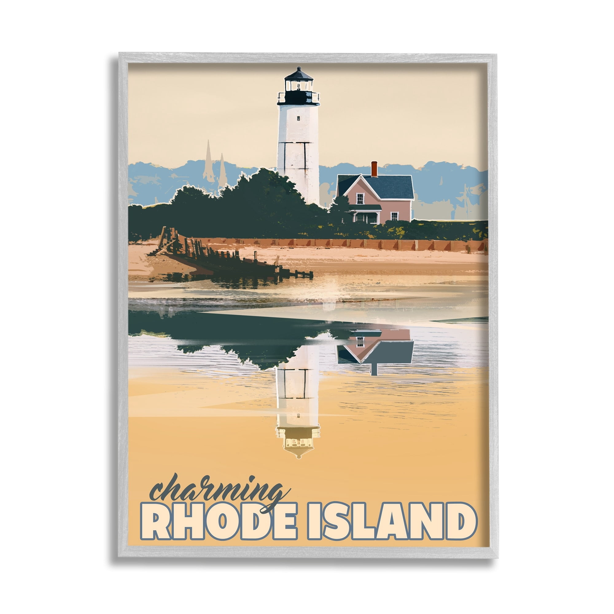 Stupell Industries Travel Charming Rhode Island Seaside Lighthouse Beacon Graphic Art Gray Framed Art Print Wall Art, Design by David Owens Illustration
