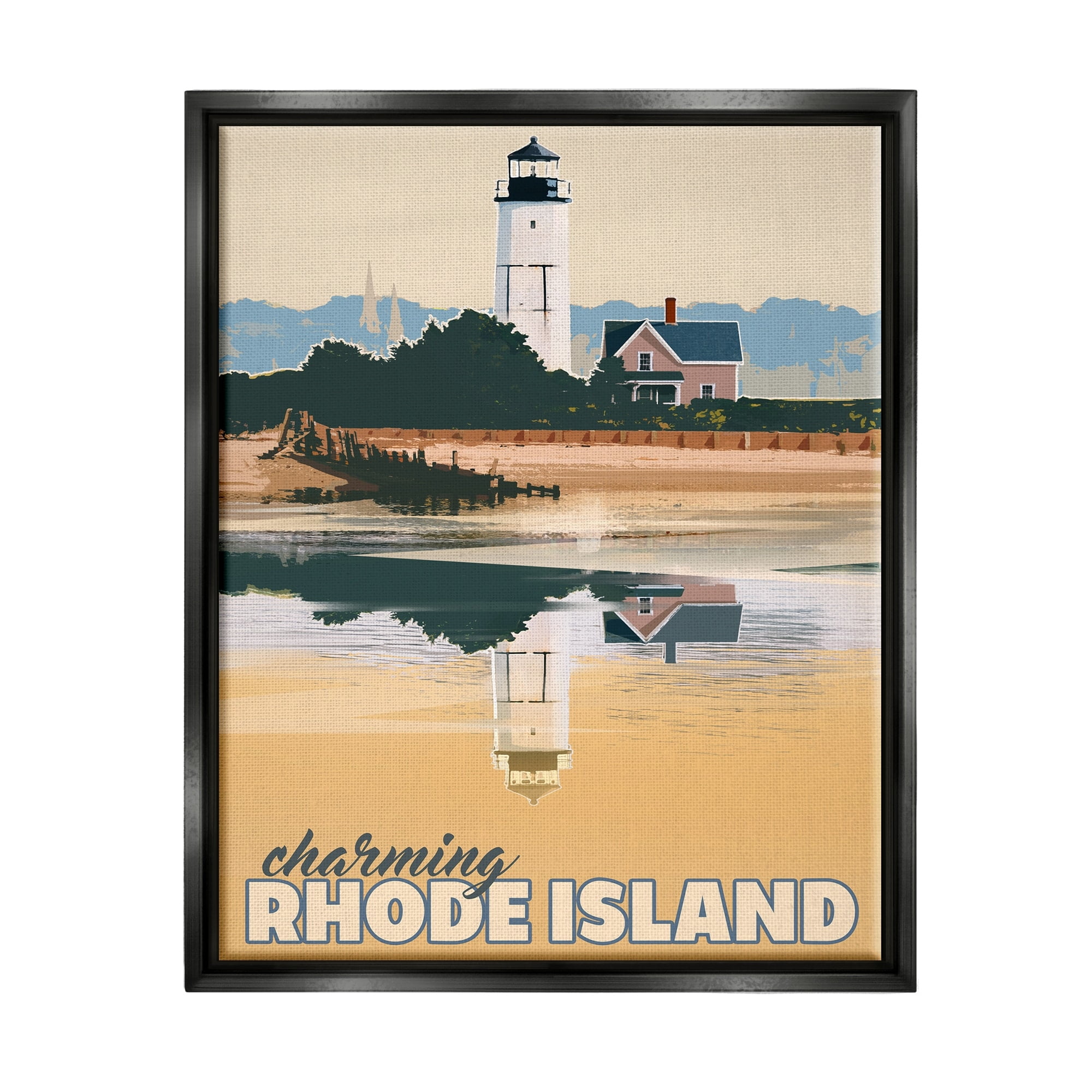 Stupell Industries Travel Charming Rhode Island Seaside Lighthouse Beacon Graphic Art Jet Black Floating Framed Canvas Print Wall Art, Design by David Owens Illustration