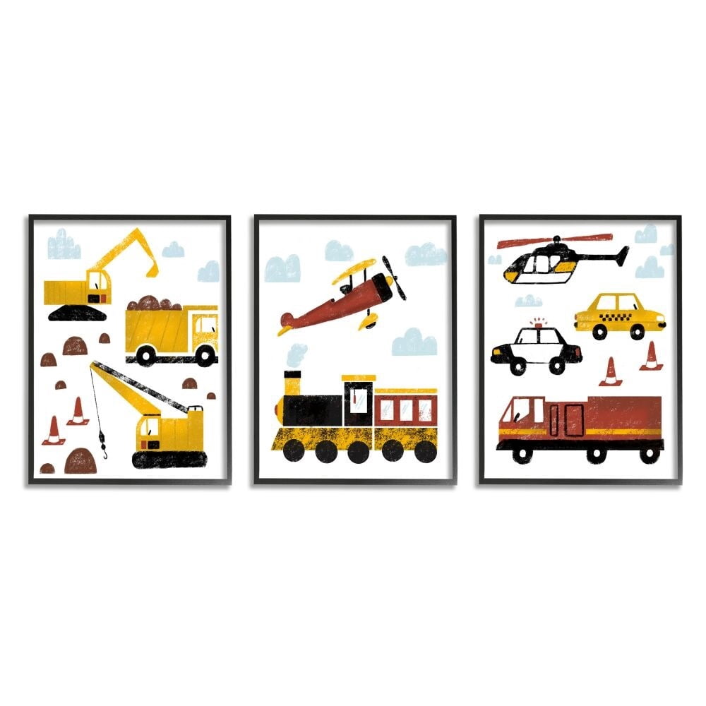 Stupell Industries Travel and Construction Illustration Trains Trucks Cars Framed Wall Art Design by Daphne Polselli, 3 Piece, 11" x 14", Black Framed