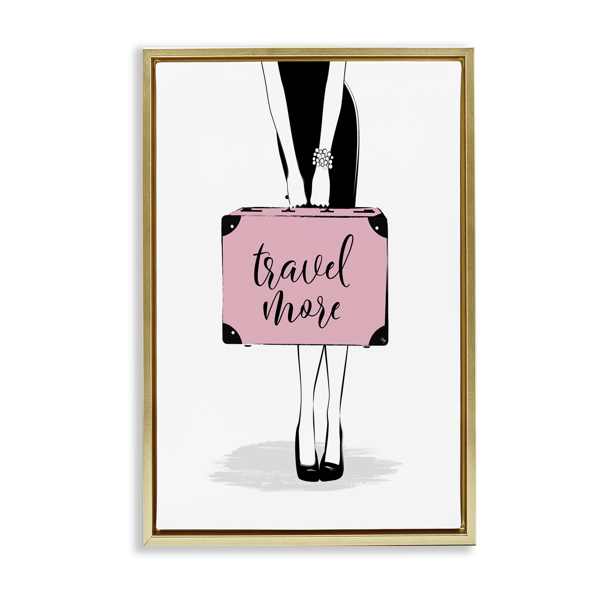 Stupell Industries Travel More & Suitcase Novelty Painting Gold Floater Framed Art Print Wall Art, 17 x 25