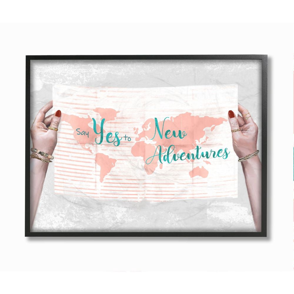 Stupell Industries Travel Sentiments Say Yes to New Adventures Blue Text Beauty & Fashion Painting Black Framed Art Print Wall Art, 24 x 30