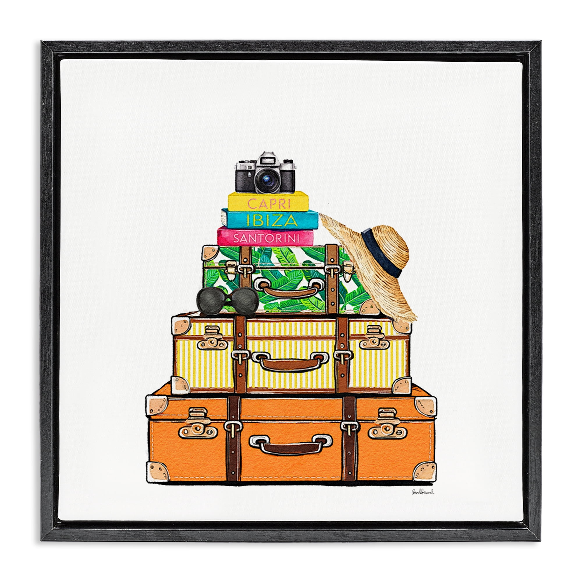 Stupell Industries Travel Suitcases & Camera Black Framed Floater Canvas Wall Art, design by Amanda Greenwood