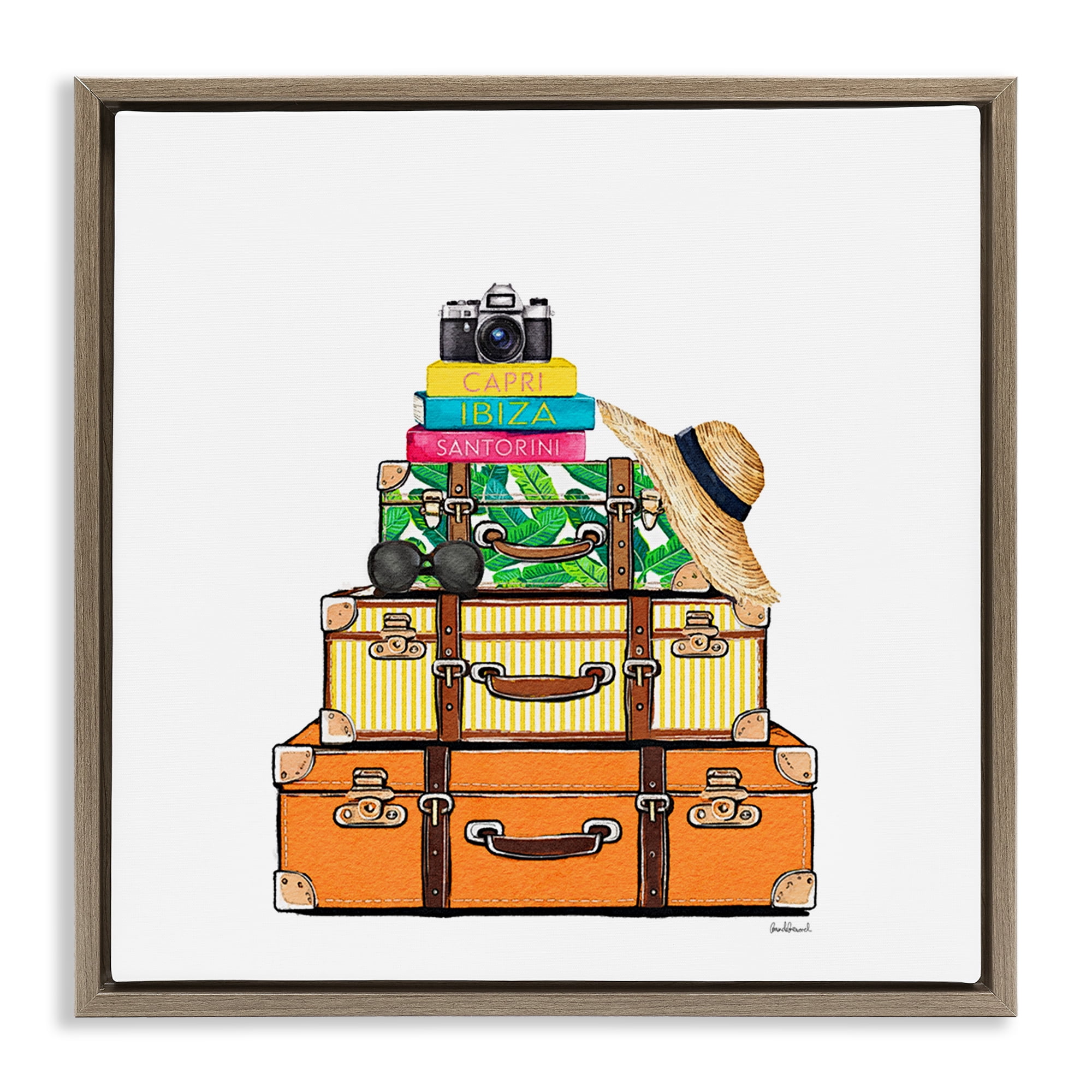Stupell Industries Travel Suitcases & Camera Brown Framed Floater Canvas Wall Art, design by Amanda Greenwood