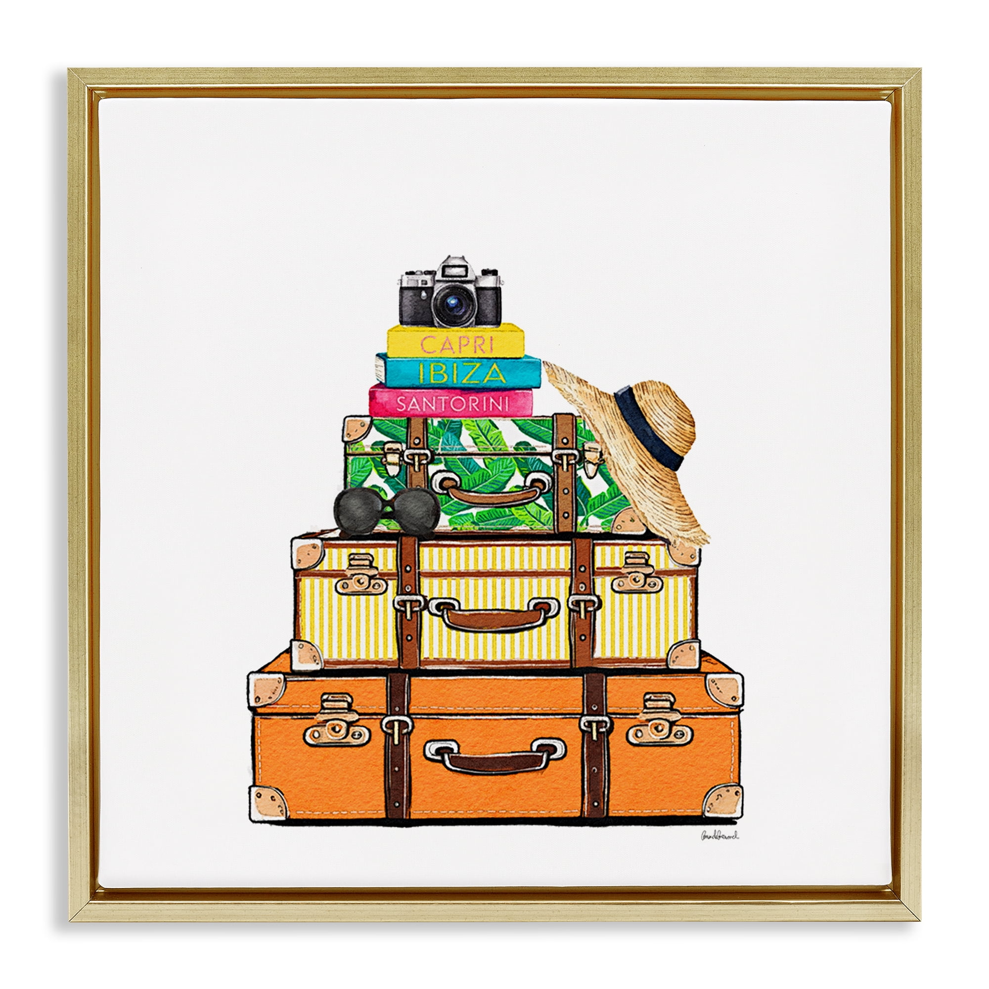 Stupell Industries Travel Suitcases & Camera Gold Framed Floater Canvas Wall Art, design by Amanda Greenwood