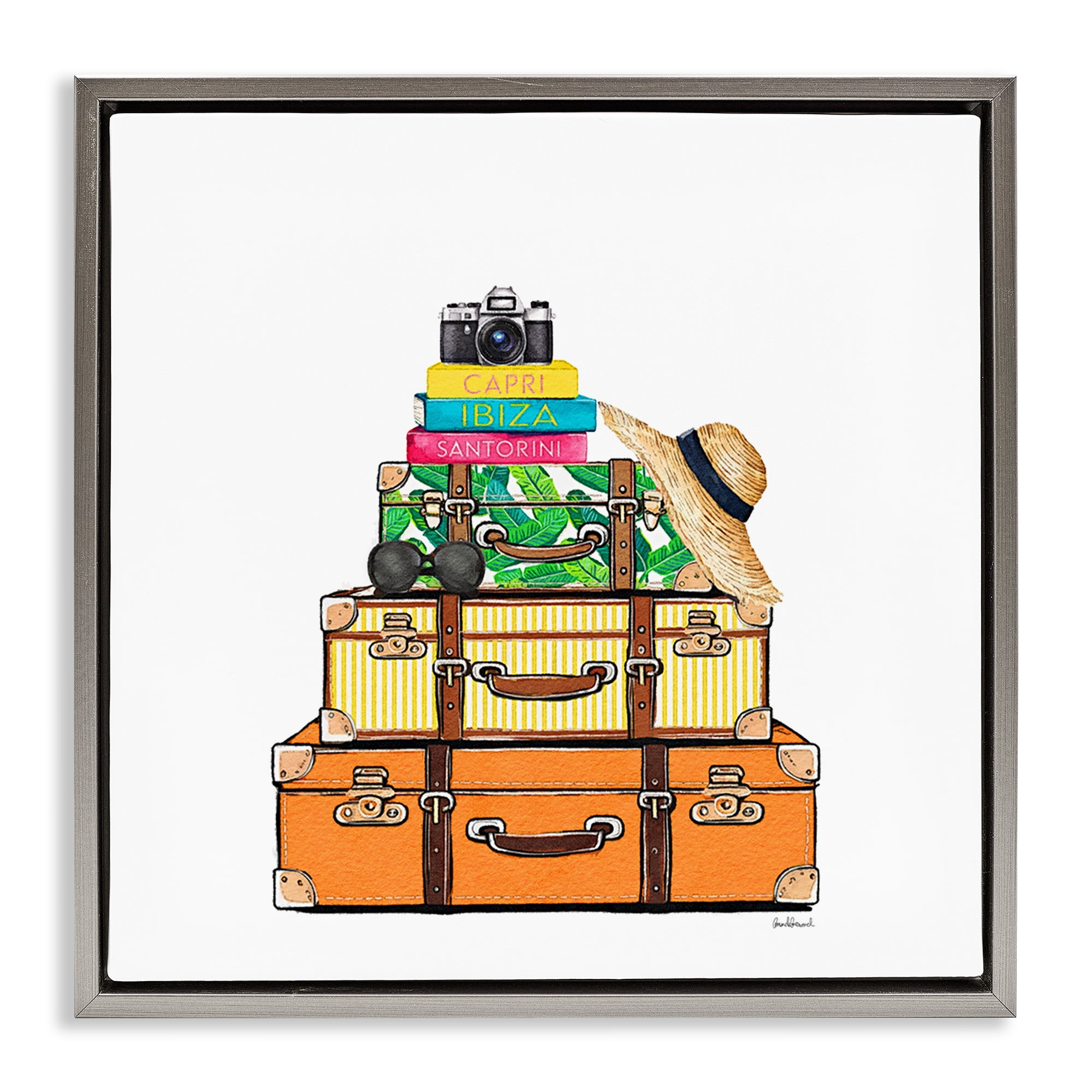 Stupell Industries Travel Suitcases & Camera Gray Framed Floater Canvas Wall Art, design by Amanda Greenwood