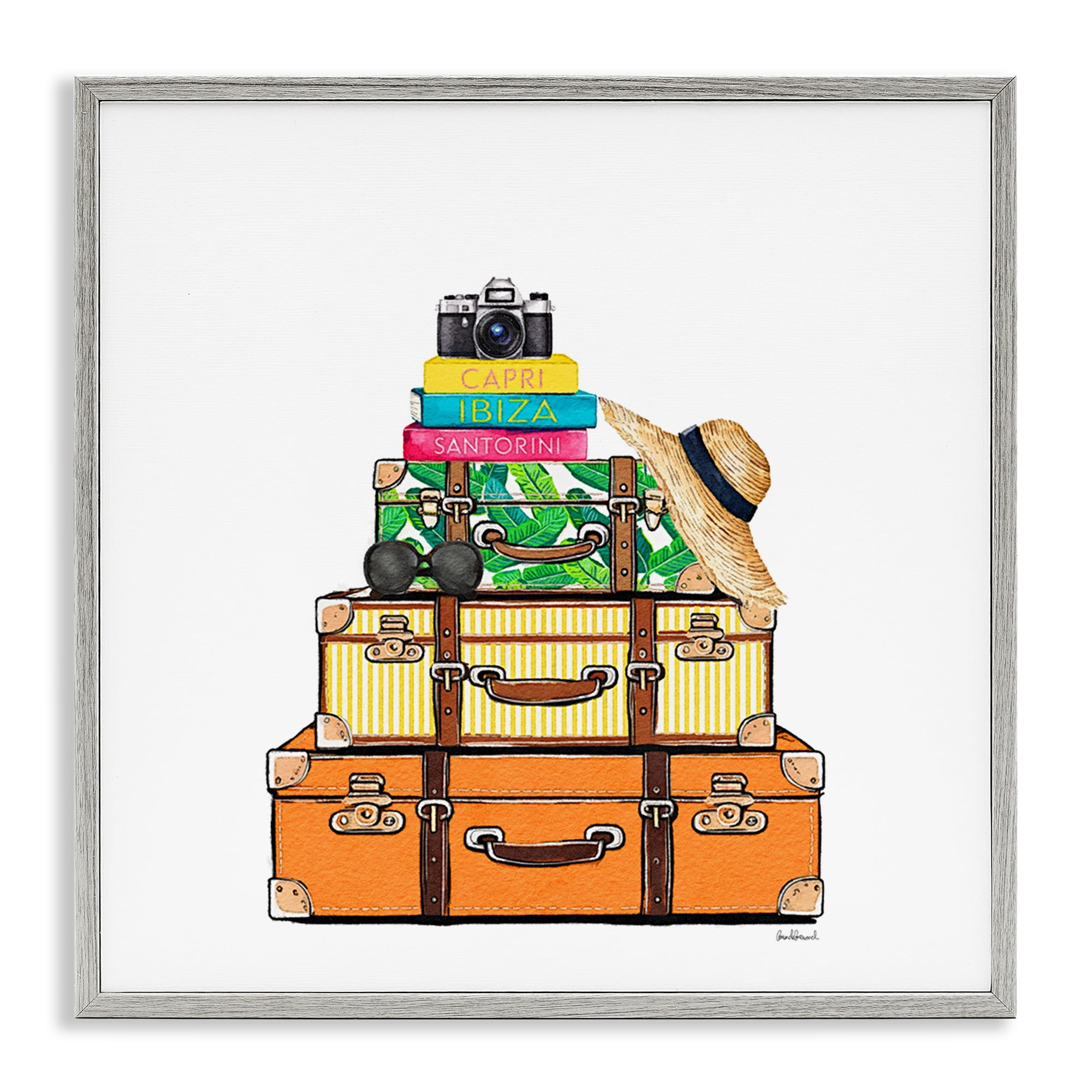 Stupell Industries Travel Suitcases & Camera Gray Framed Giclee Art, design by Amanda Greenwood