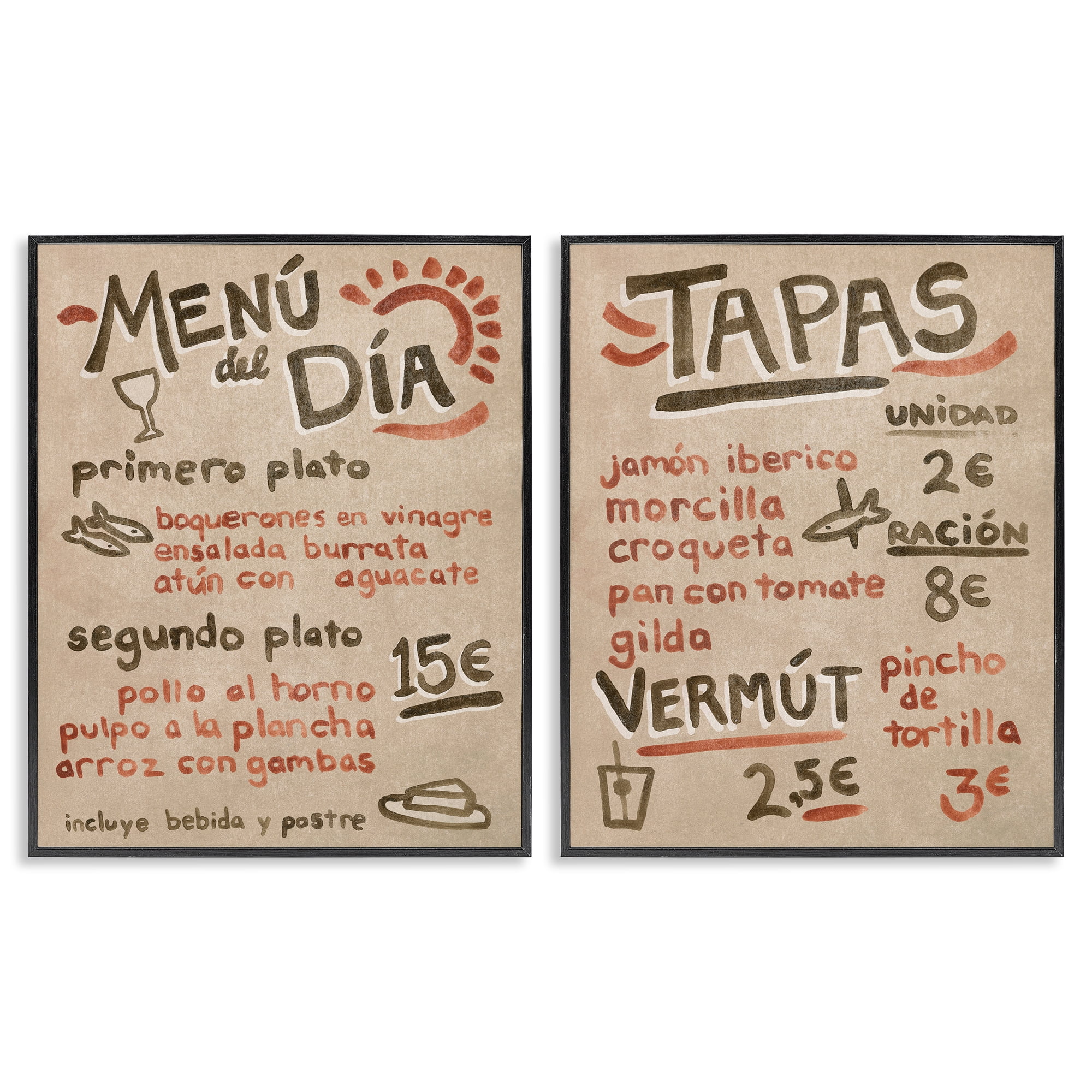 Stupell Industries Travel Tapas Menu Food & Beverage Painting Black Framed Art Print Wall Art, 16 x 20, Set of 2
