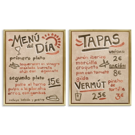 Stupell Industries Travel Tapas Menu Food & Beverage Painting Gold Floater Framed Canvas Art Print Wall Art, 31 x 25, Set of 2